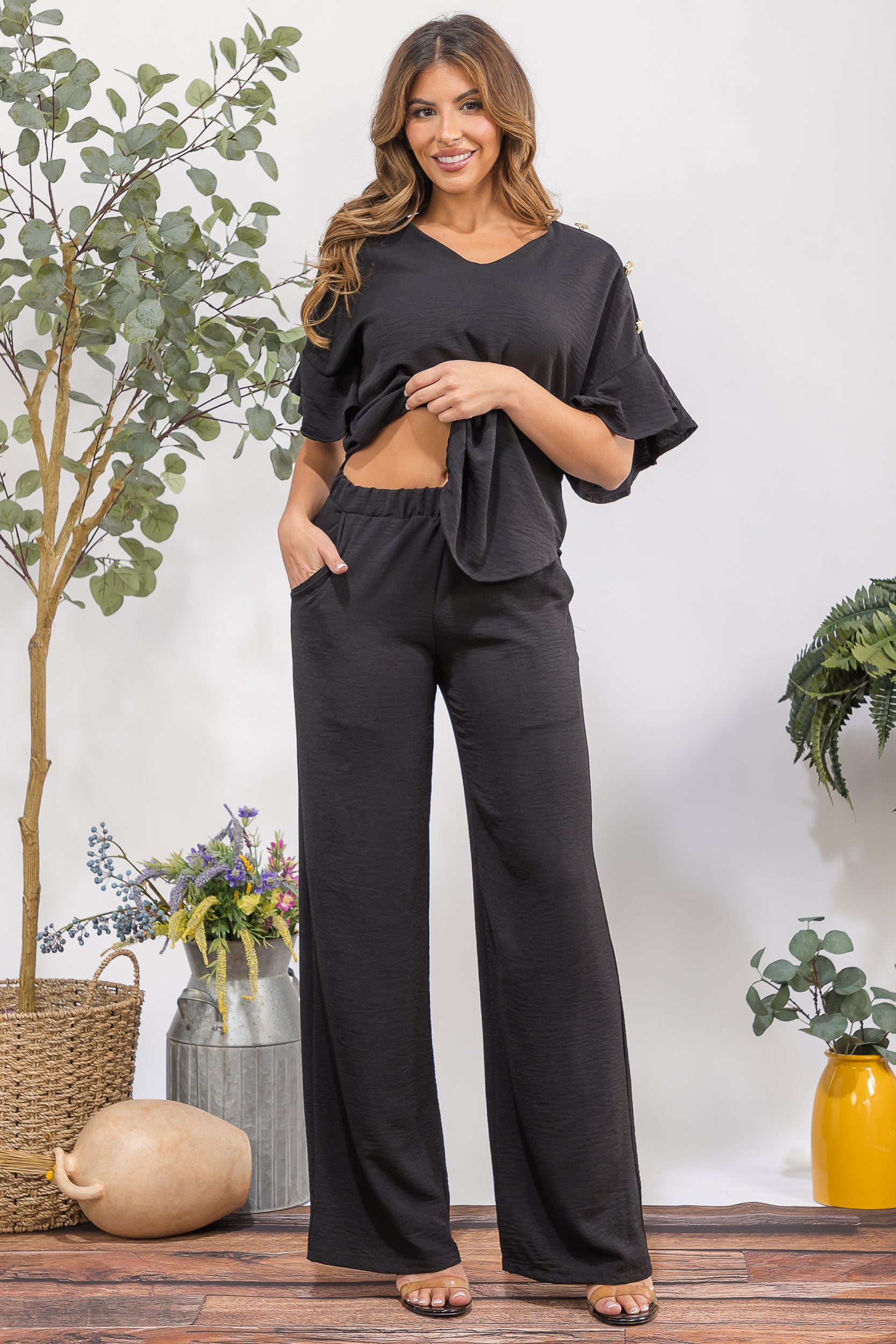 HH782X-S Plus Size Flowy Two-Piece Wide Leg Set