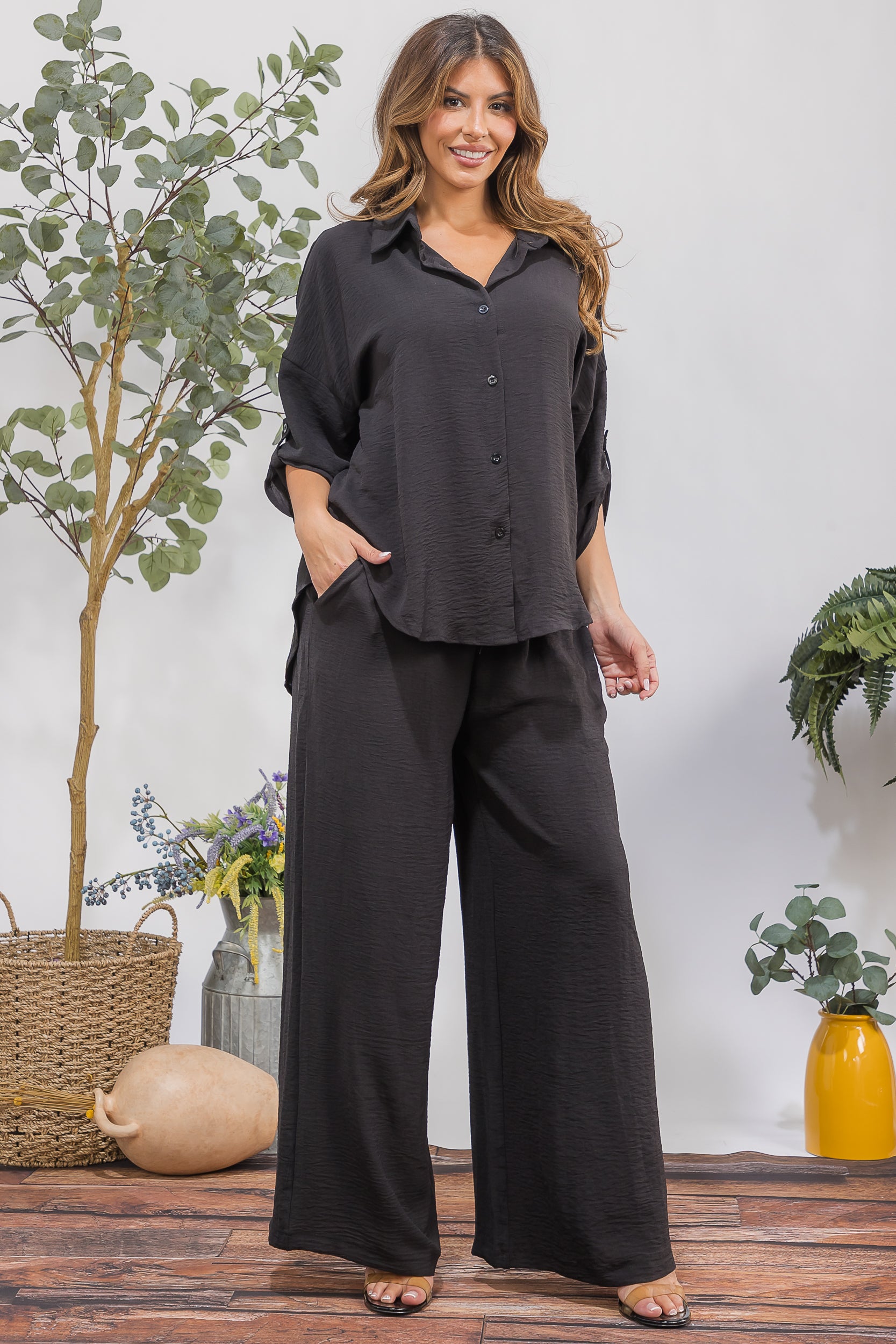 25106-X Plus Size Button-Up Shirt & Wide Leg Pants Set