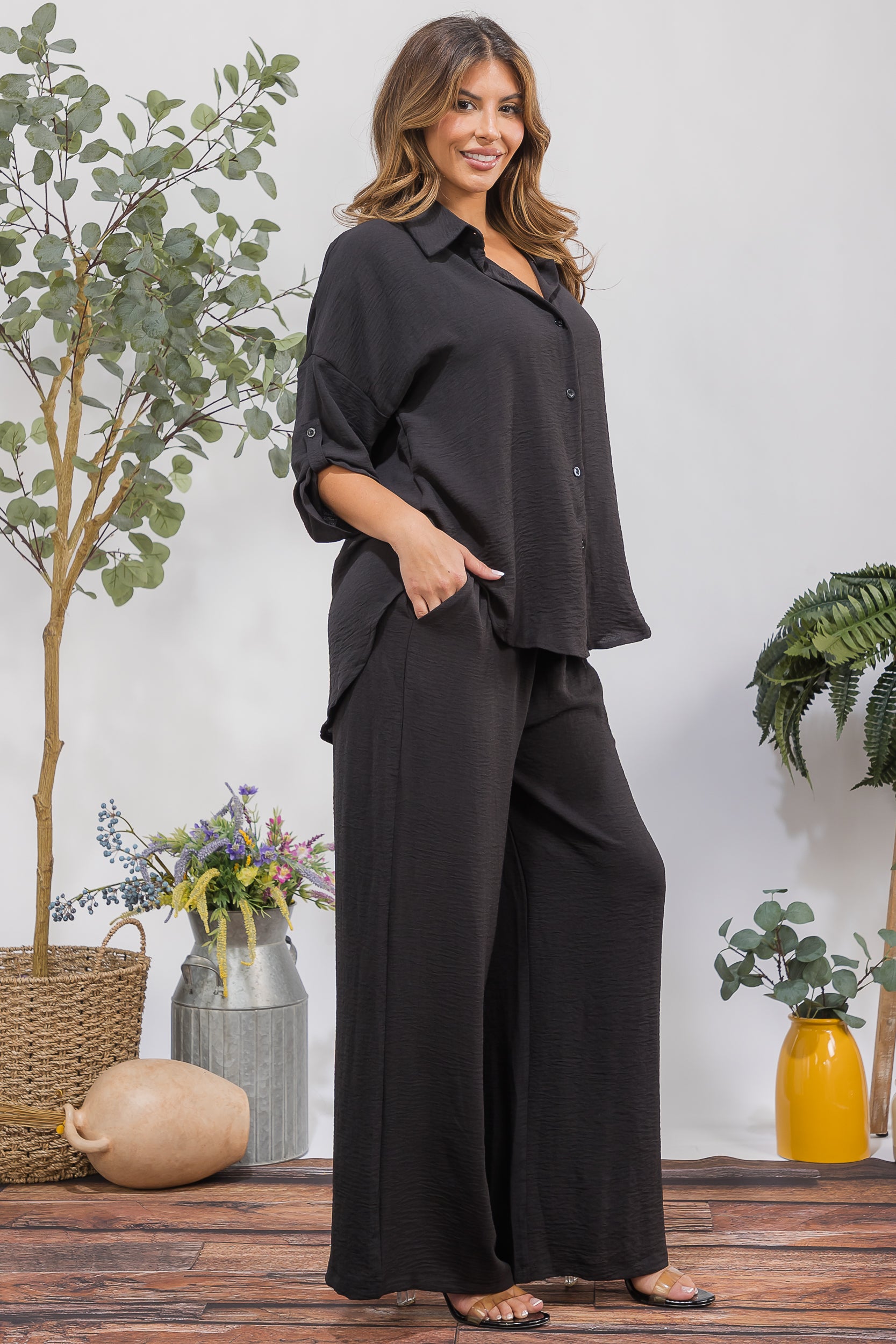 25106-X Plus Size Button-Up Shirt & Wide Leg Pants Set