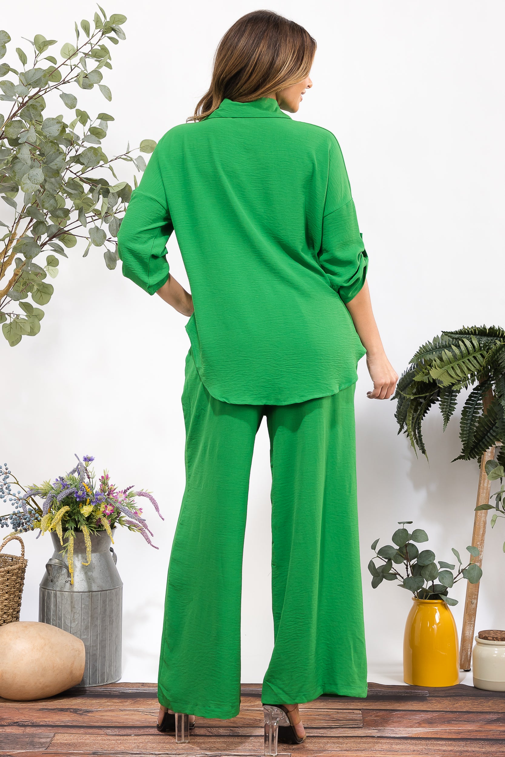 25106-X Plus Size Button-Up Shirt & Wide Leg Pants Set