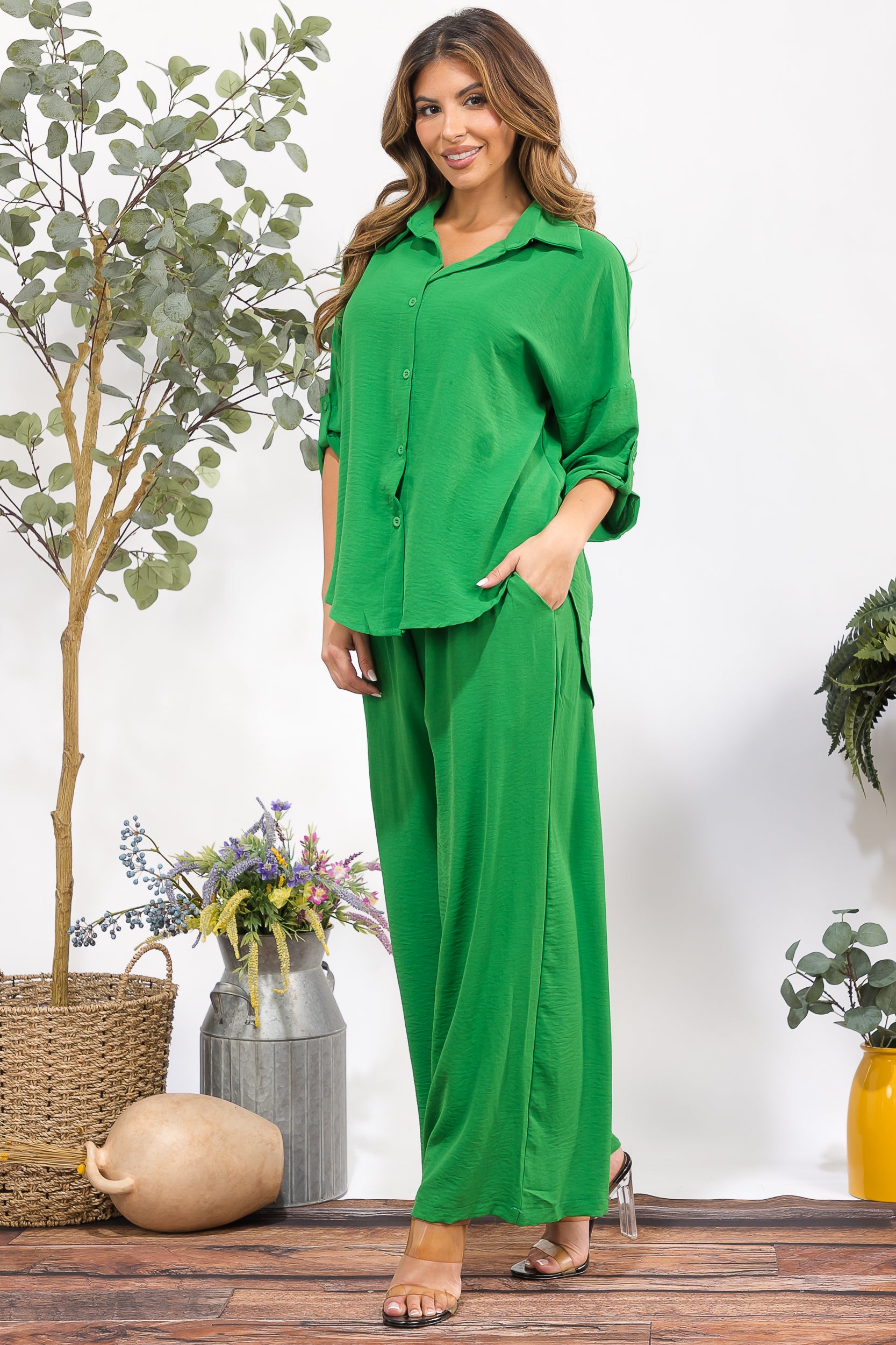 25106-X Plus Size Button-Up Shirt & Wide Leg Pants Set