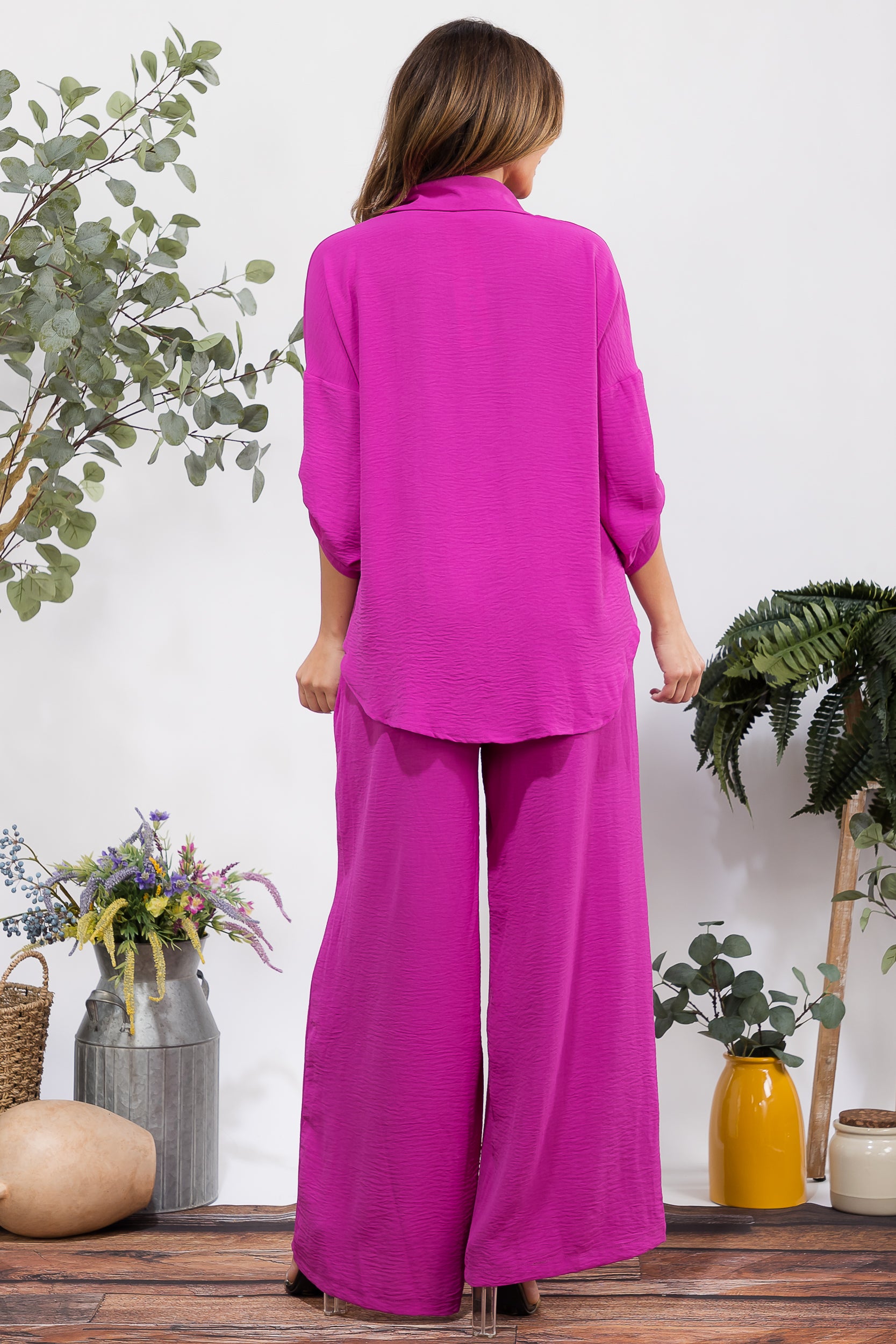 25106-X Plus Size Button-Up Shirt & Wide Leg Pants Set