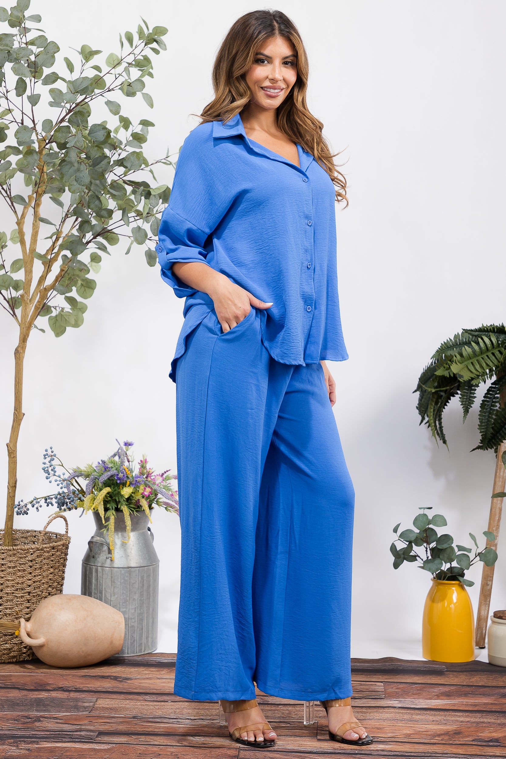 25106-X Plus Size Button-Up Shirt & Wide Leg Pants Set
