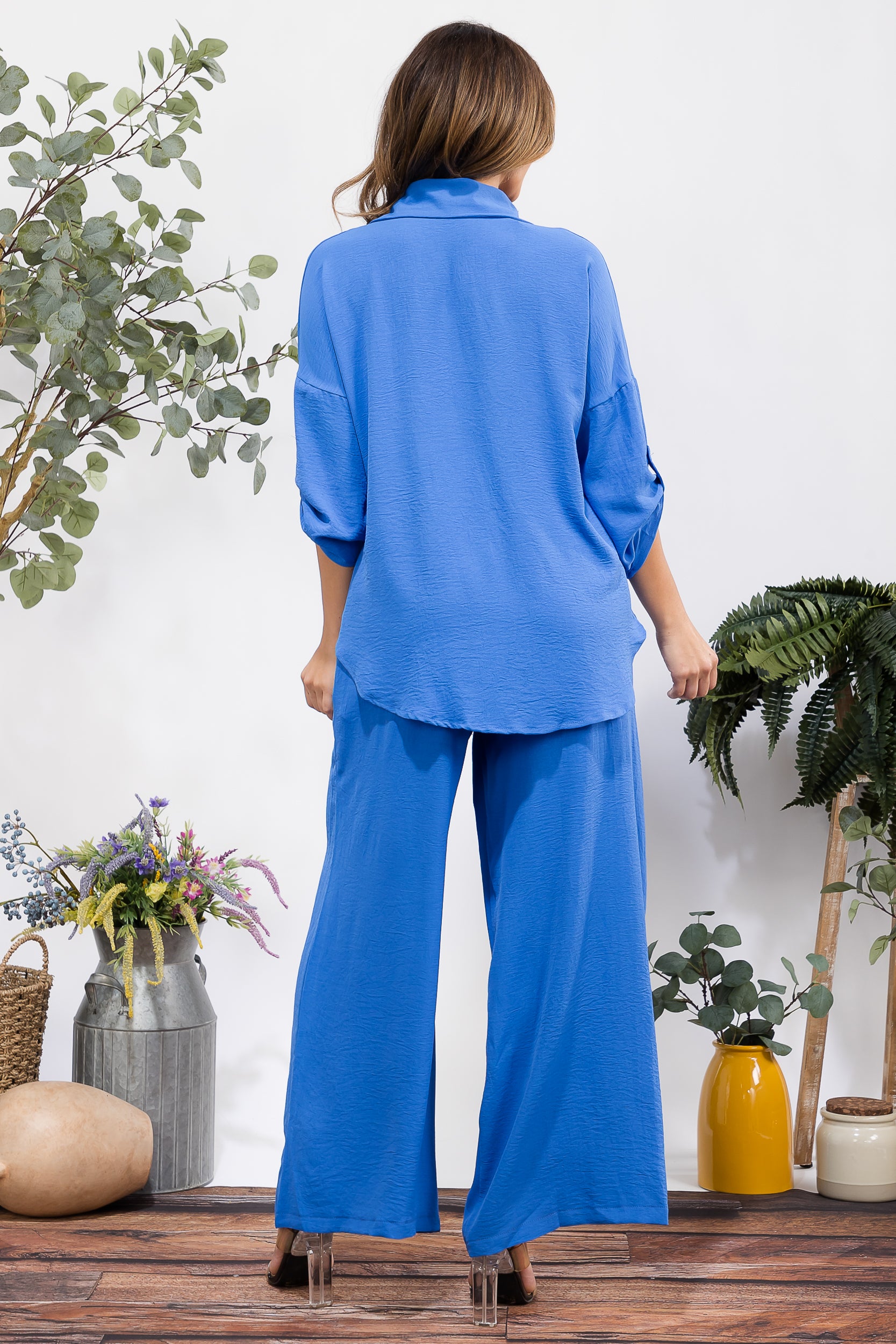 25106-X Plus Size Button-Up Shirt & Wide Leg Pants Set