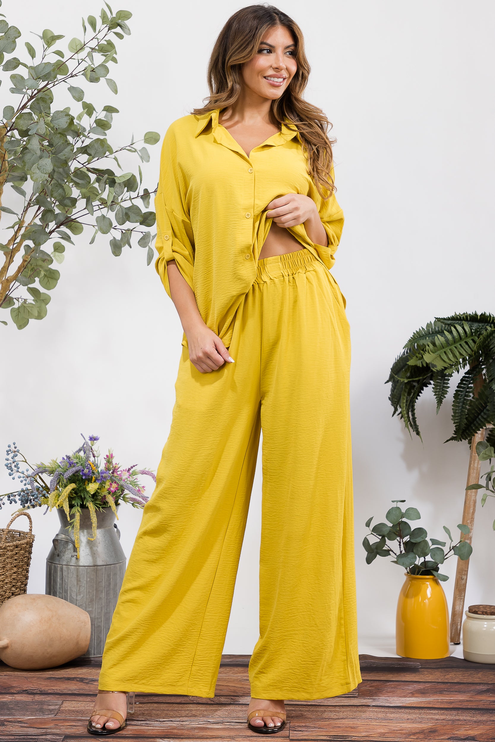 25106-X Plus Size Button-Up Shirt & Wide Leg Pants Set