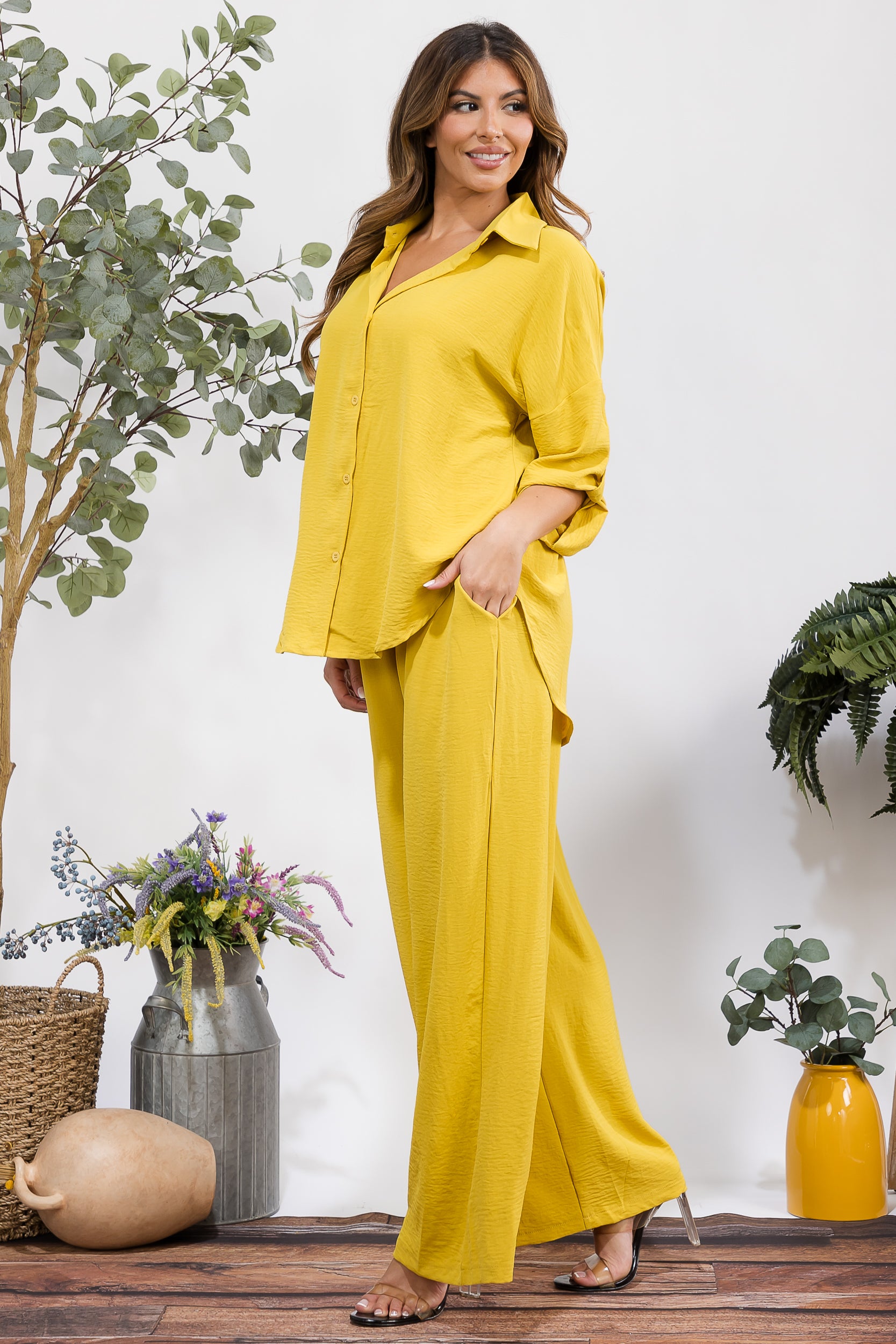 25106-X Plus Size Button-Up Shirt & Wide Leg Pants Set