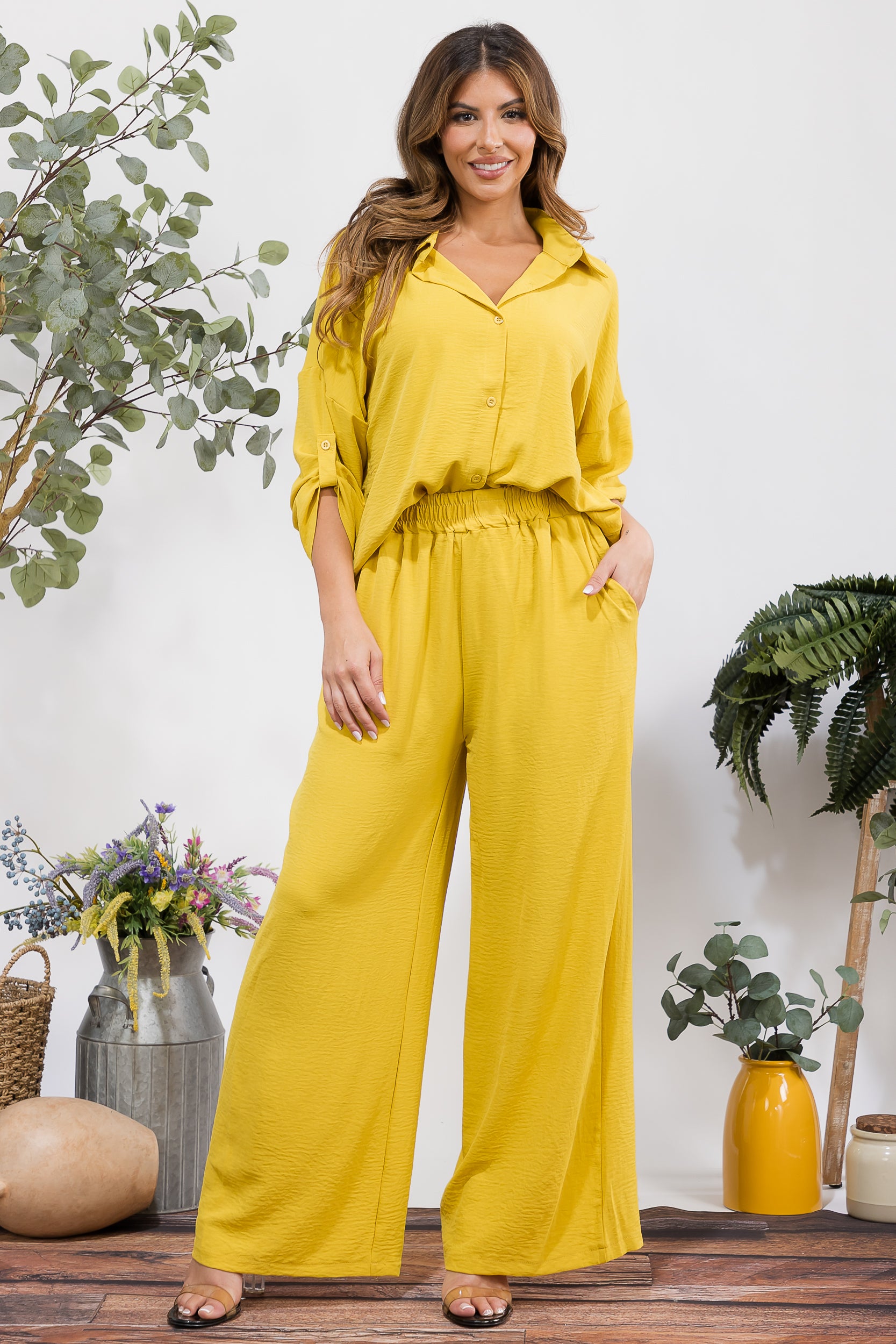 25106-X Plus Size Button-Up Shirt & Wide Leg Pants Set