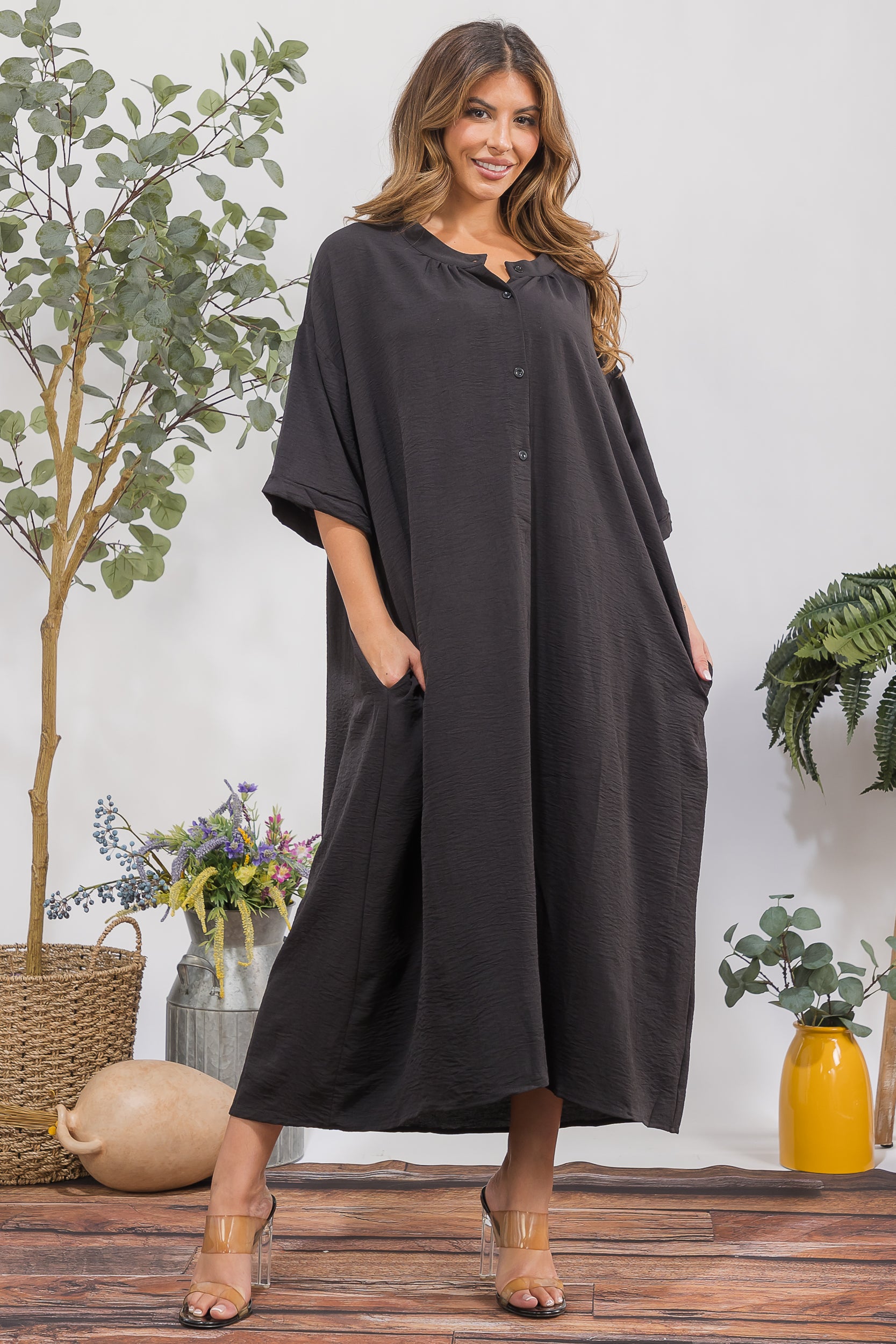 25102 Oversized Button-Down Midi Dress with Pockets