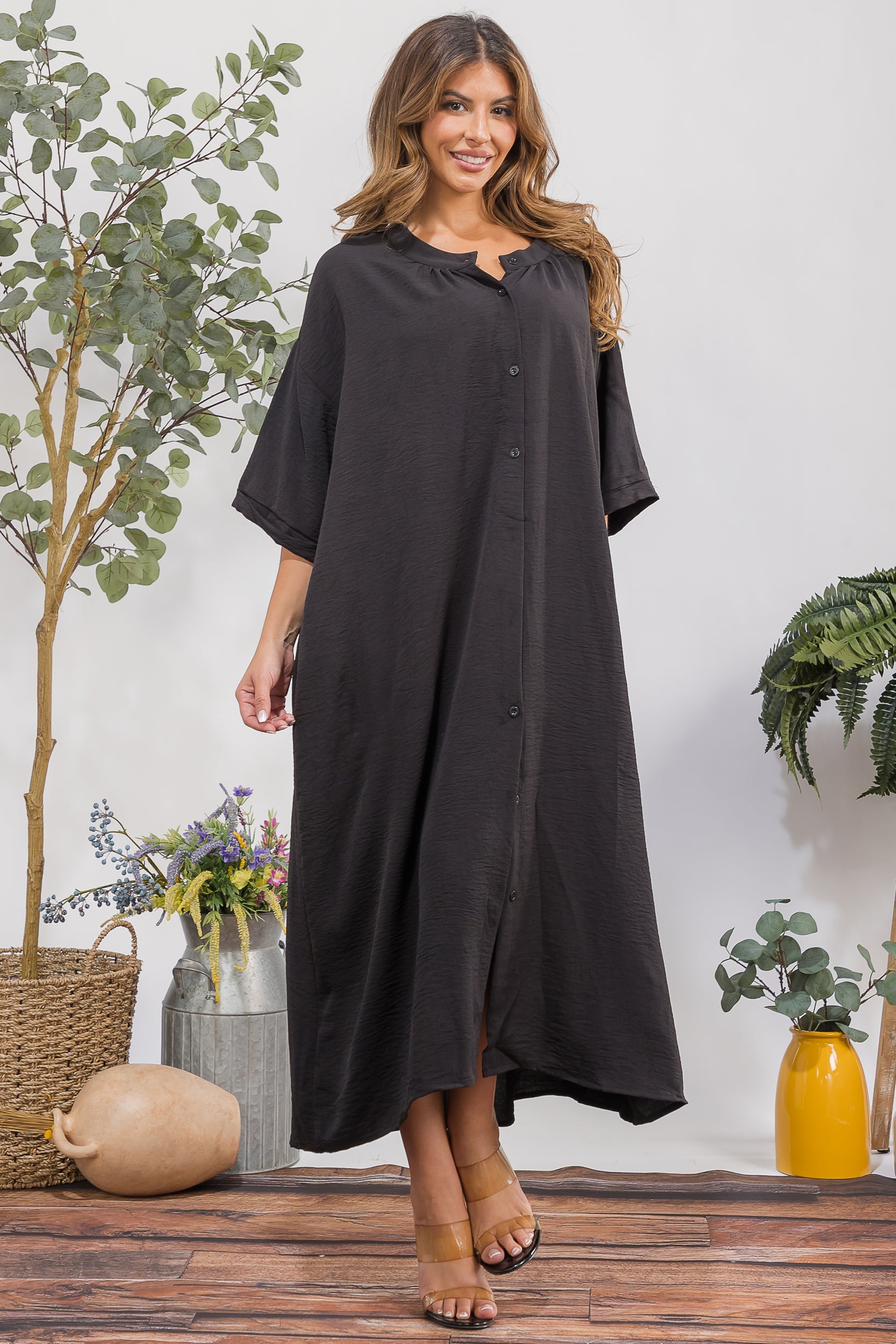 25102 Oversized Button-Down Midi Dress with Pockets
