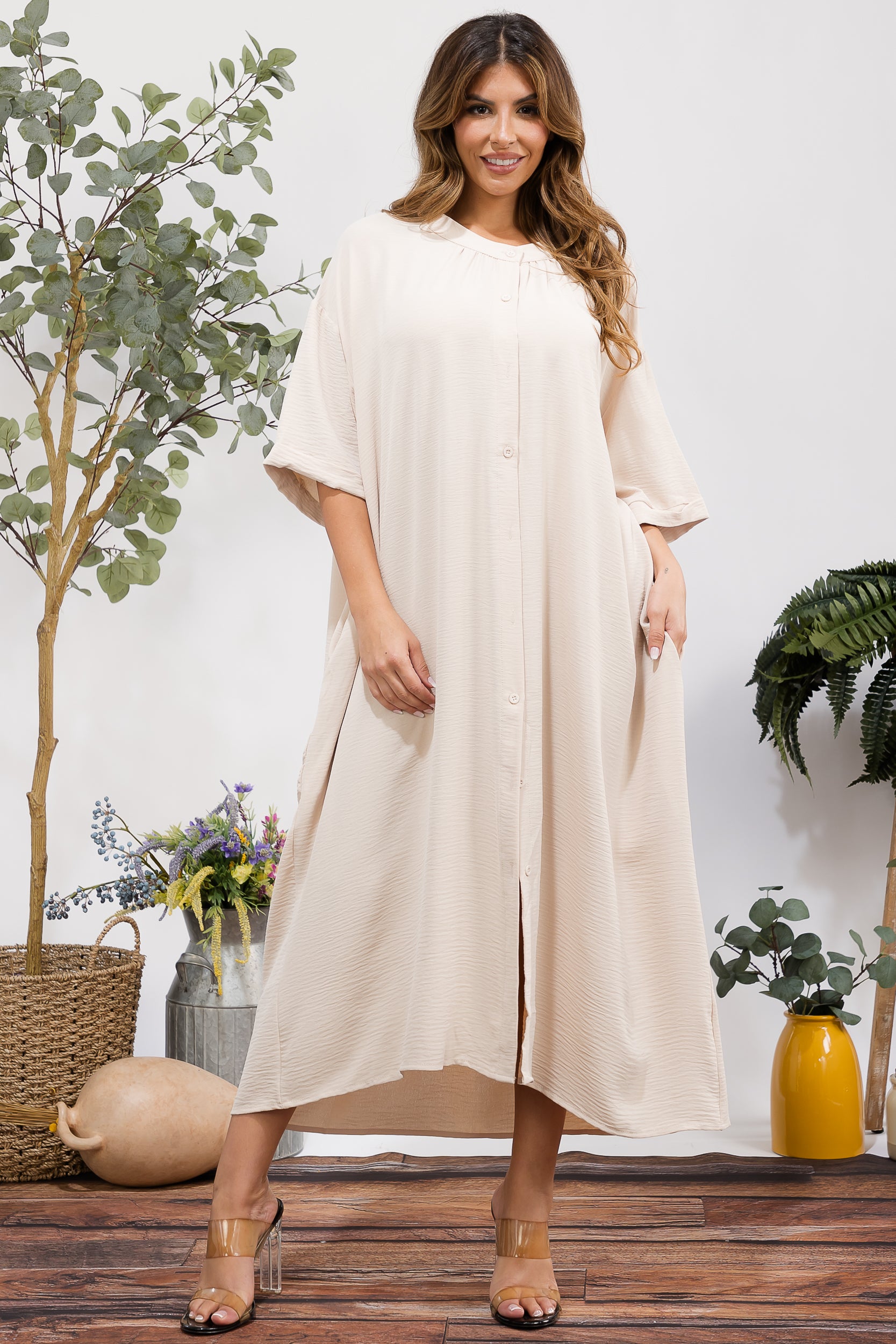 25102 Oversized Button-Down Midi Dress with Pockets
