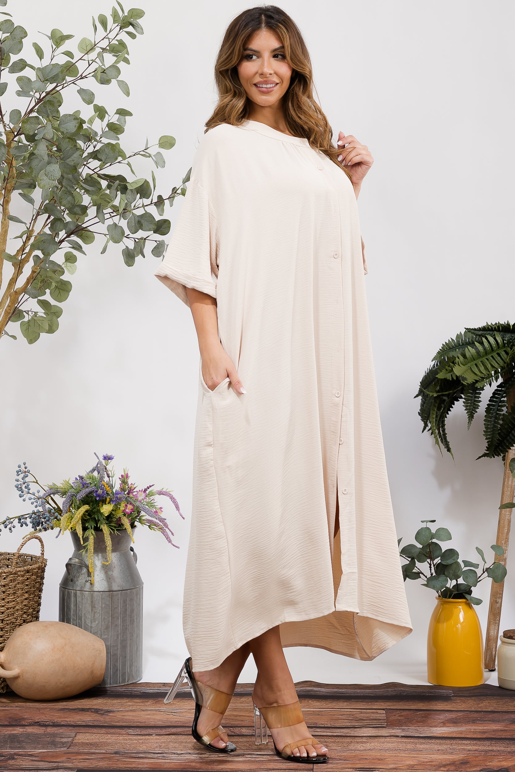 25102 Oversized Button-Down Midi Dress with Pockets