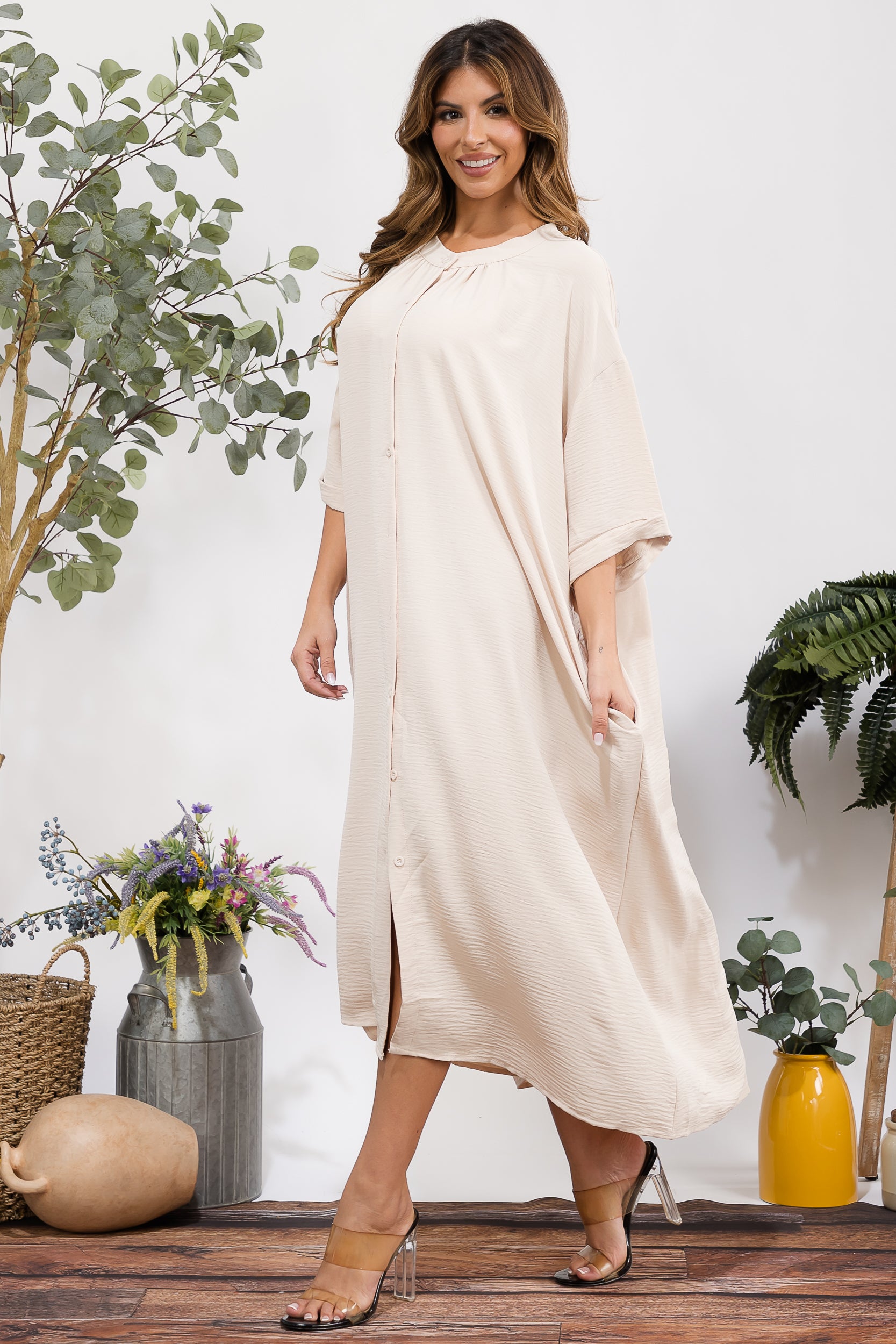 25102 Oversized Button-Down Midi Dress with Pockets