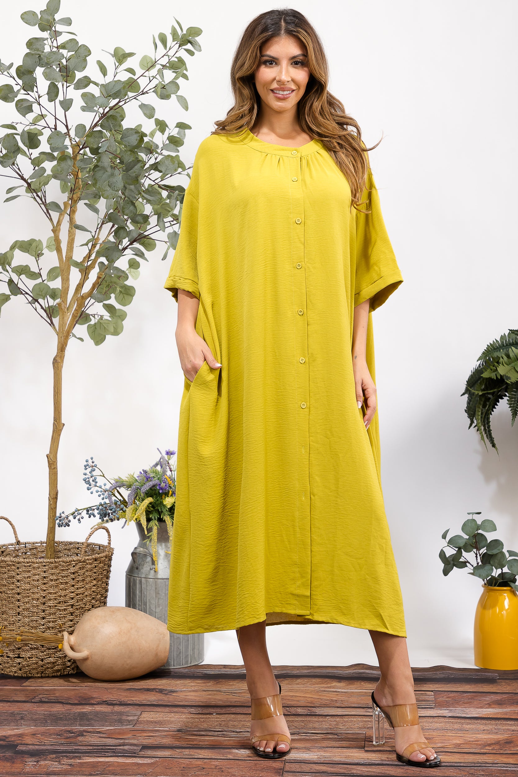 25102 Oversized Button-Down Midi Dress with Pockets