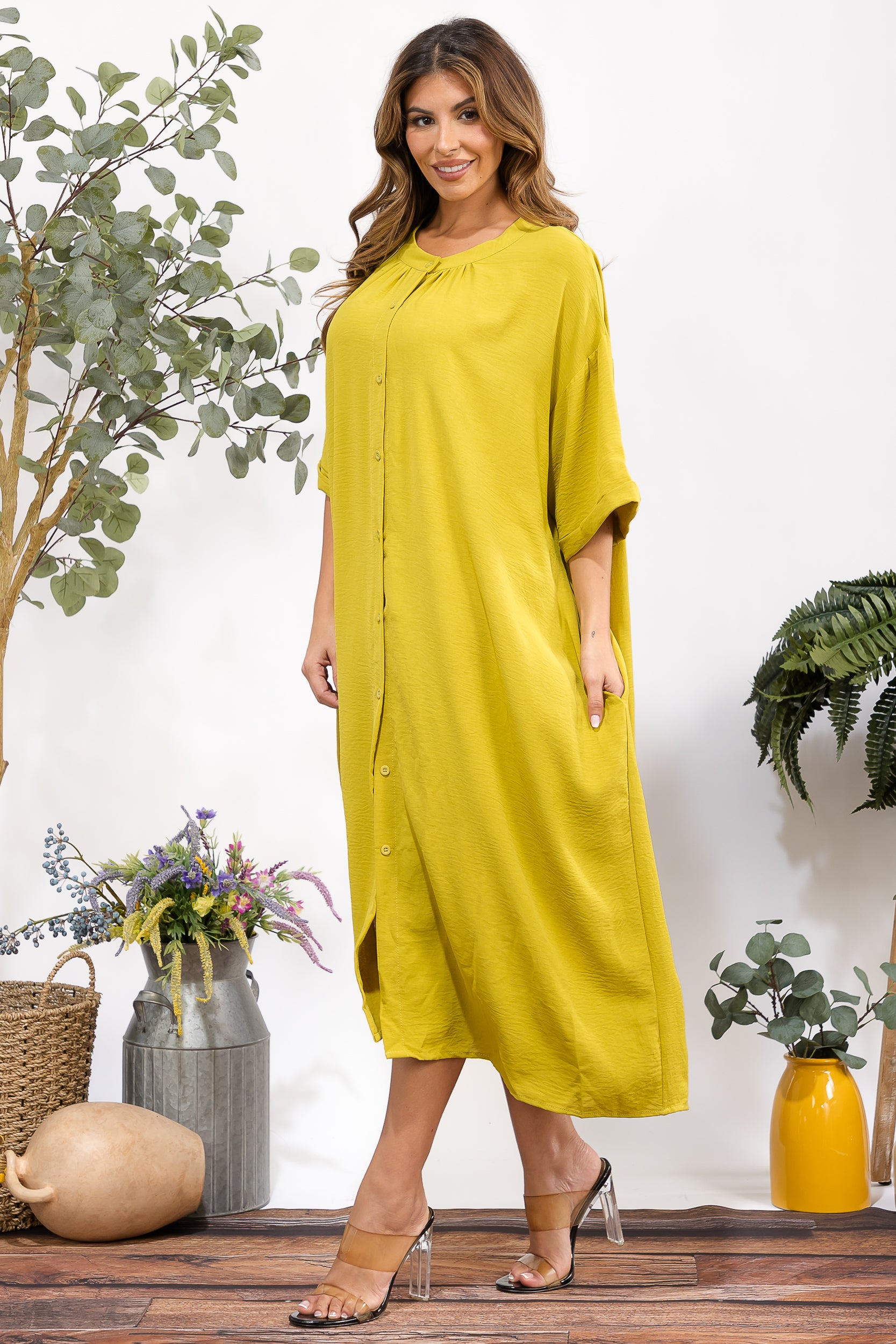 25102 Oversized Button-Down Midi Dress with Pockets