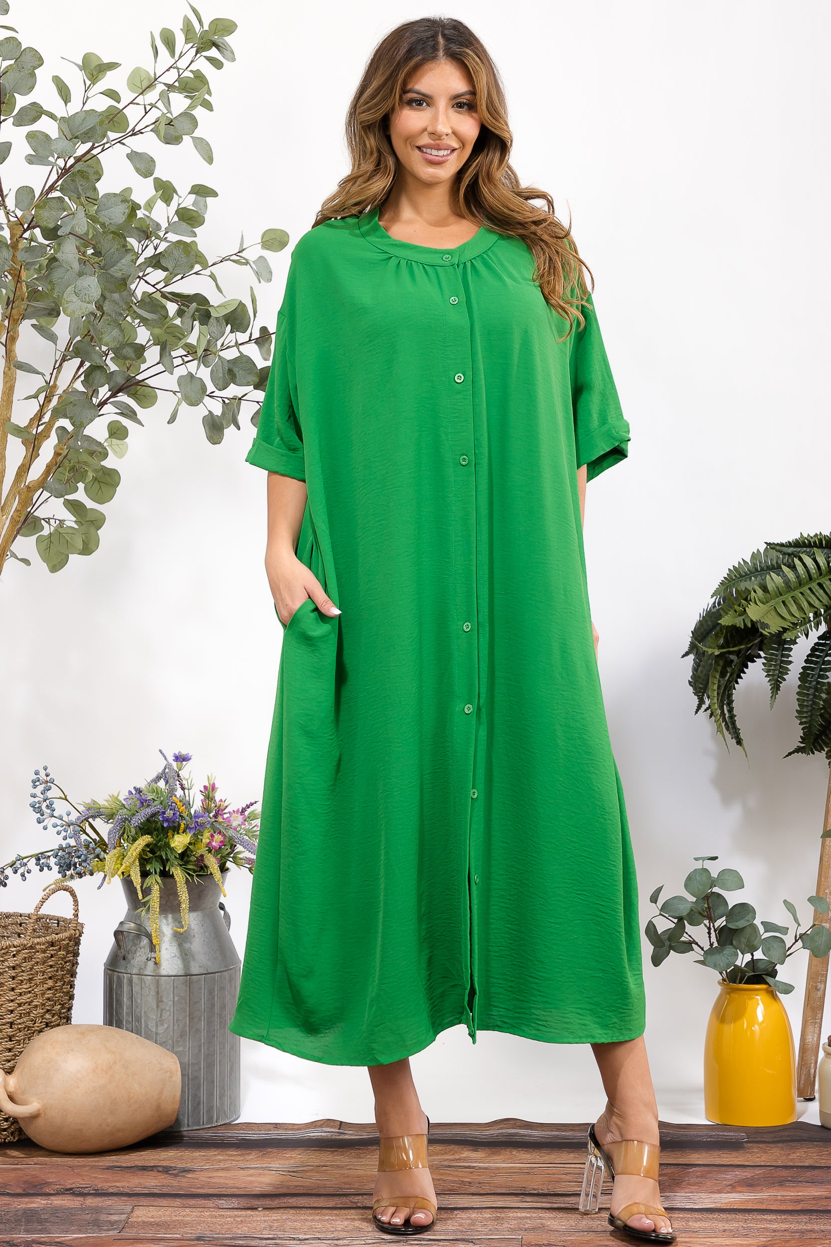 25102 Oversized Button-Down Midi Dress with Pockets