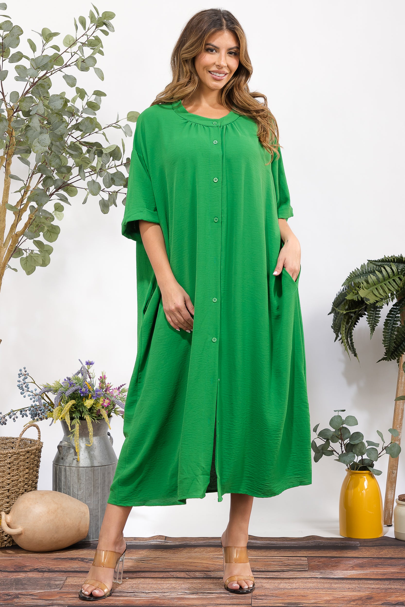 25102 Oversized Button-Down Midi Dress with Pockets