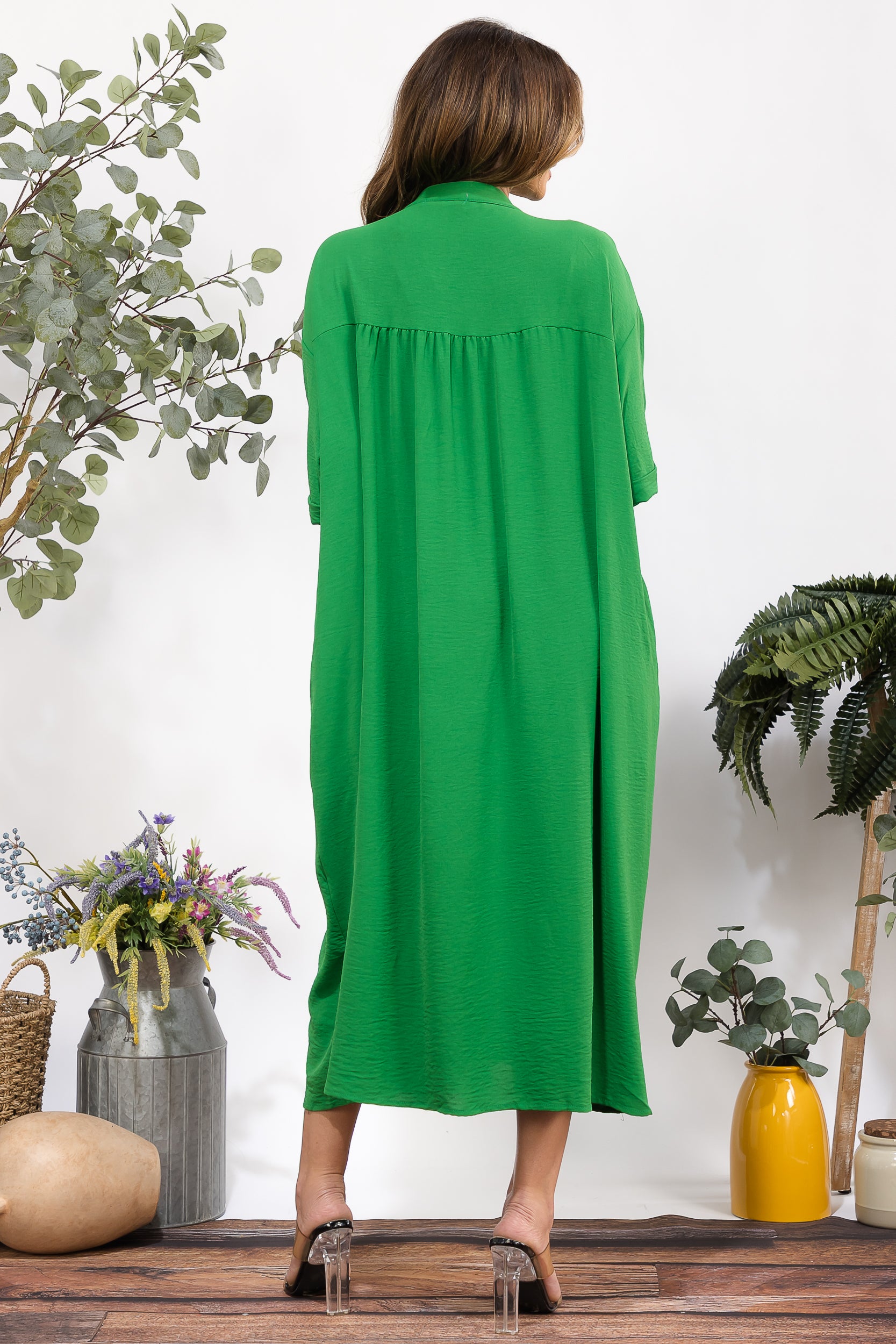 25102 Oversized Button-Down Midi Dress with Pockets