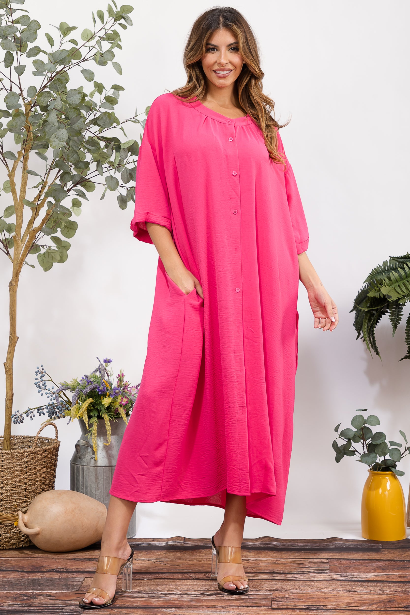 25102 Oversized Button-Down Midi Dress with Pockets