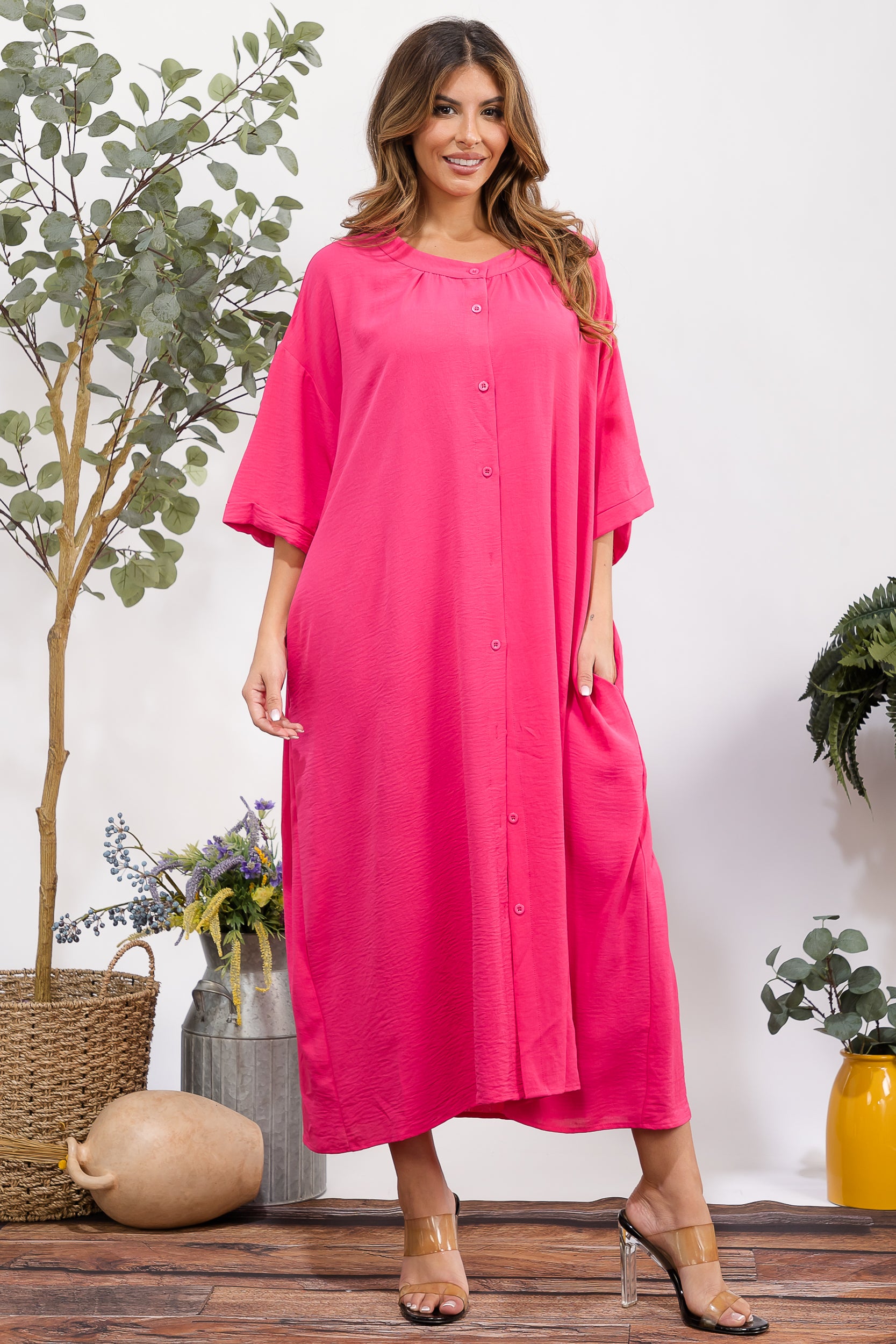 25102 Oversized Button-Down Midi Dress with Pockets