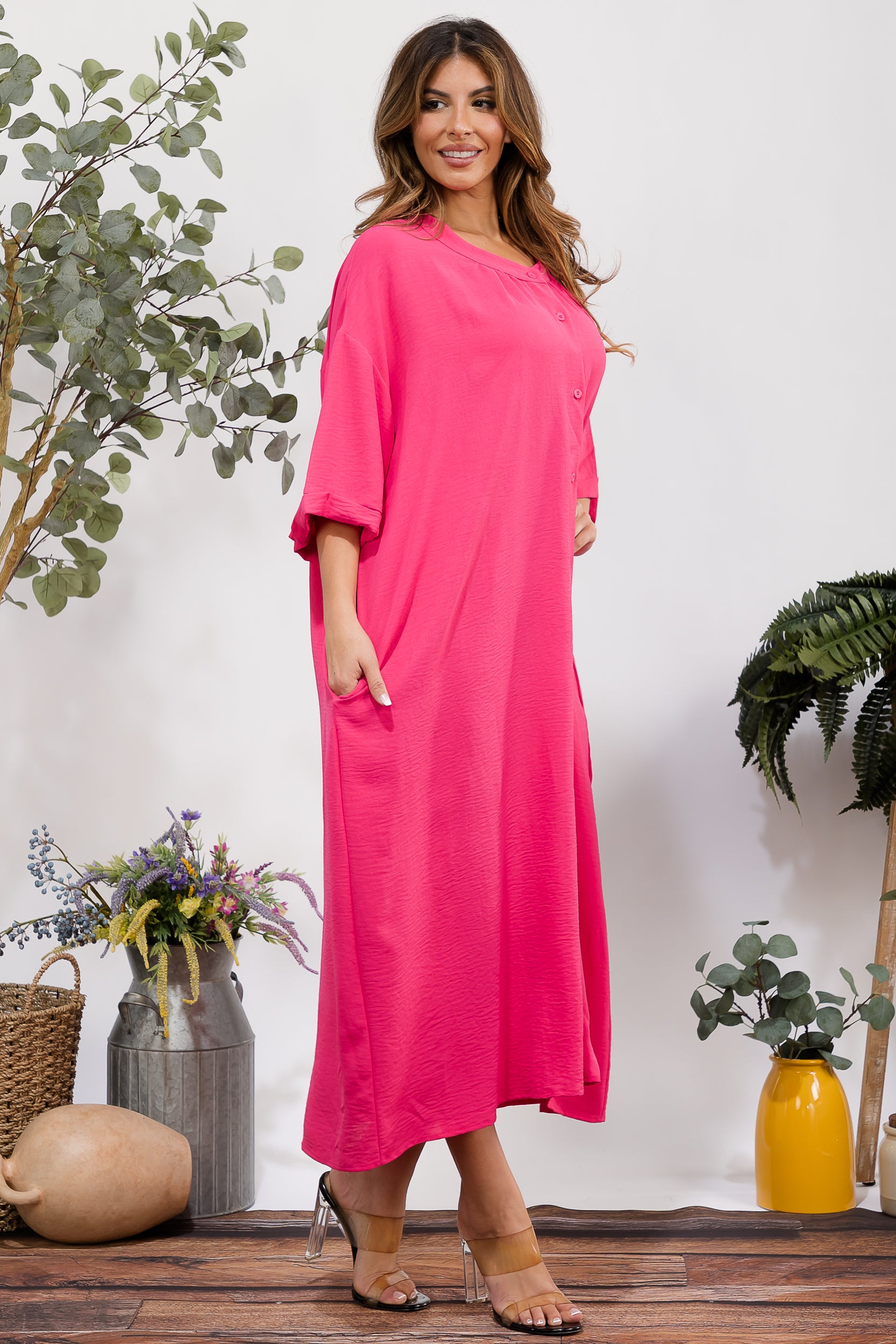 25102 Oversized Button-Down Midi Dress with Pockets