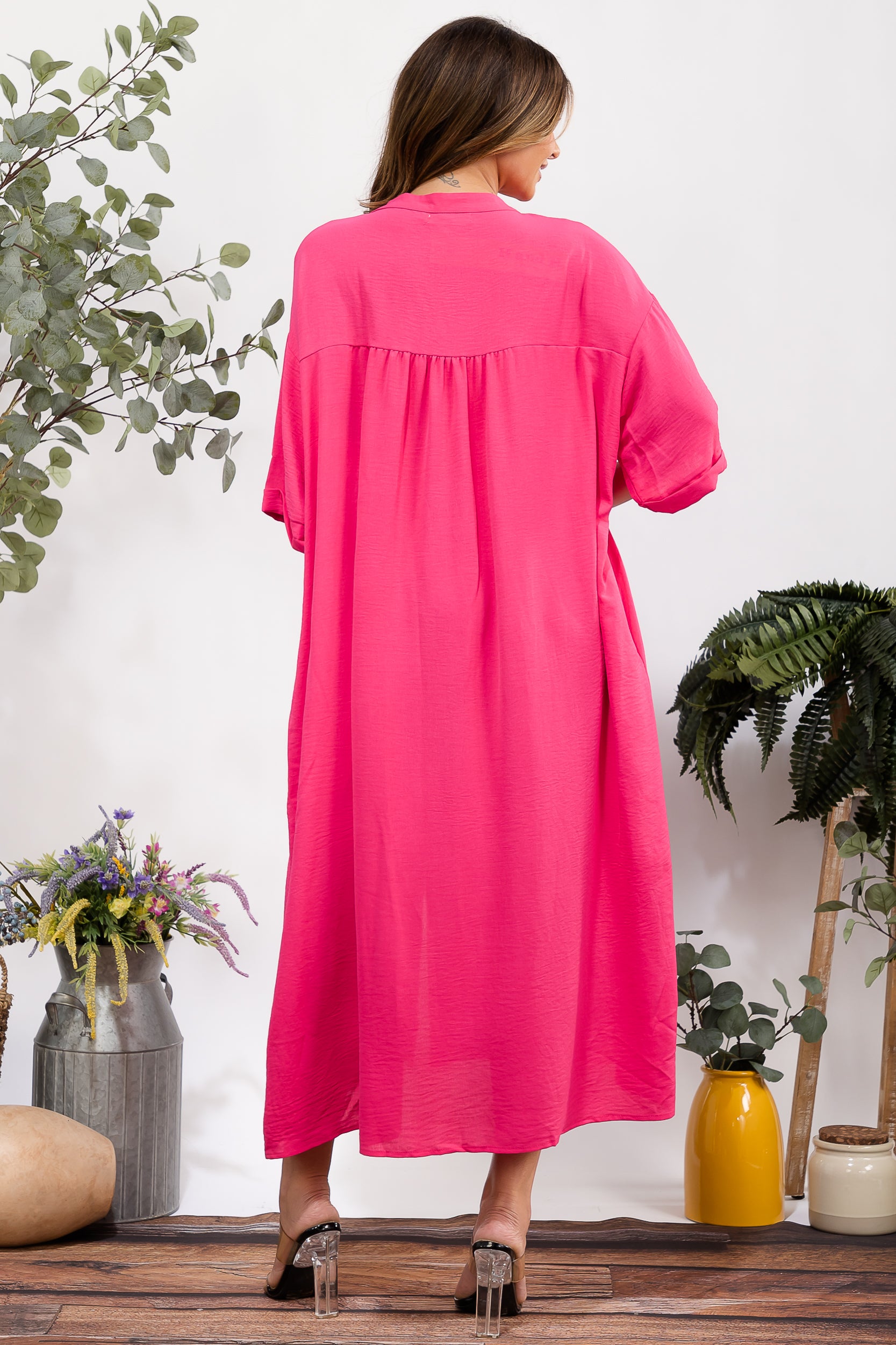 25102 Oversized Button-Down Midi Dress with Pockets