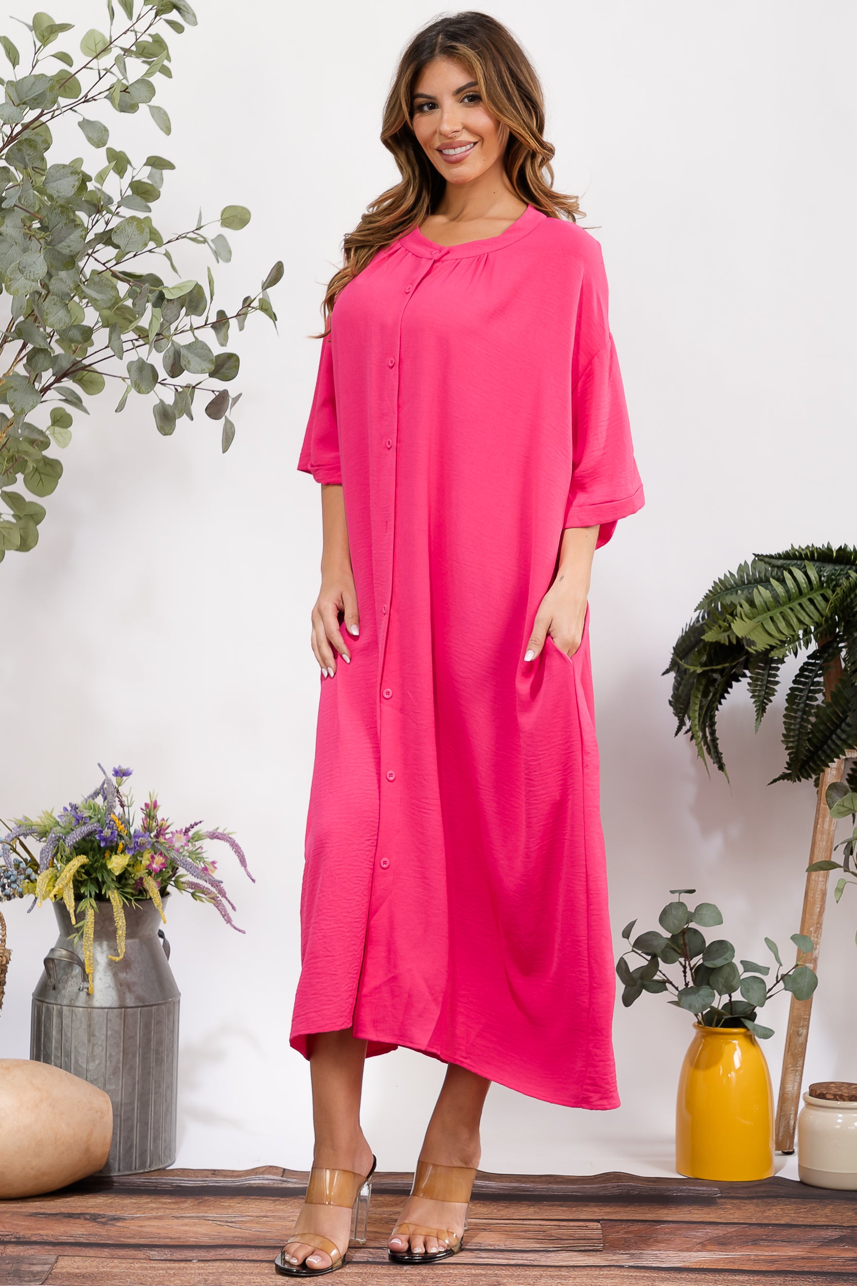 25102 Oversized Button-Down Midi Dress with Pockets