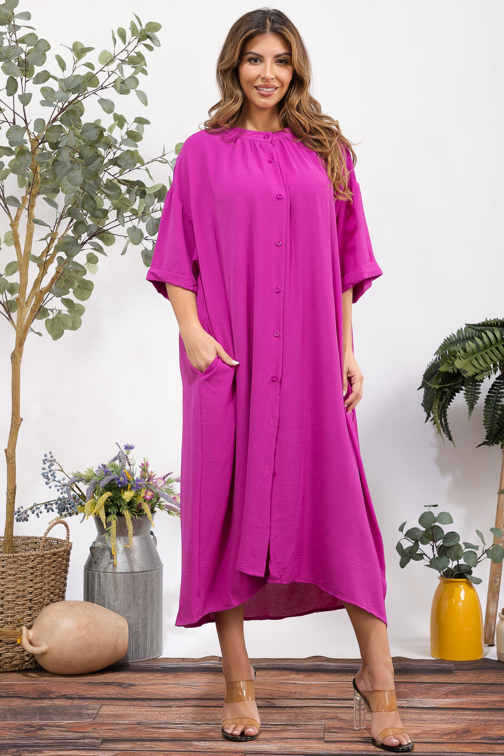 25102 Oversized Button-Down Midi Dress with Pockets