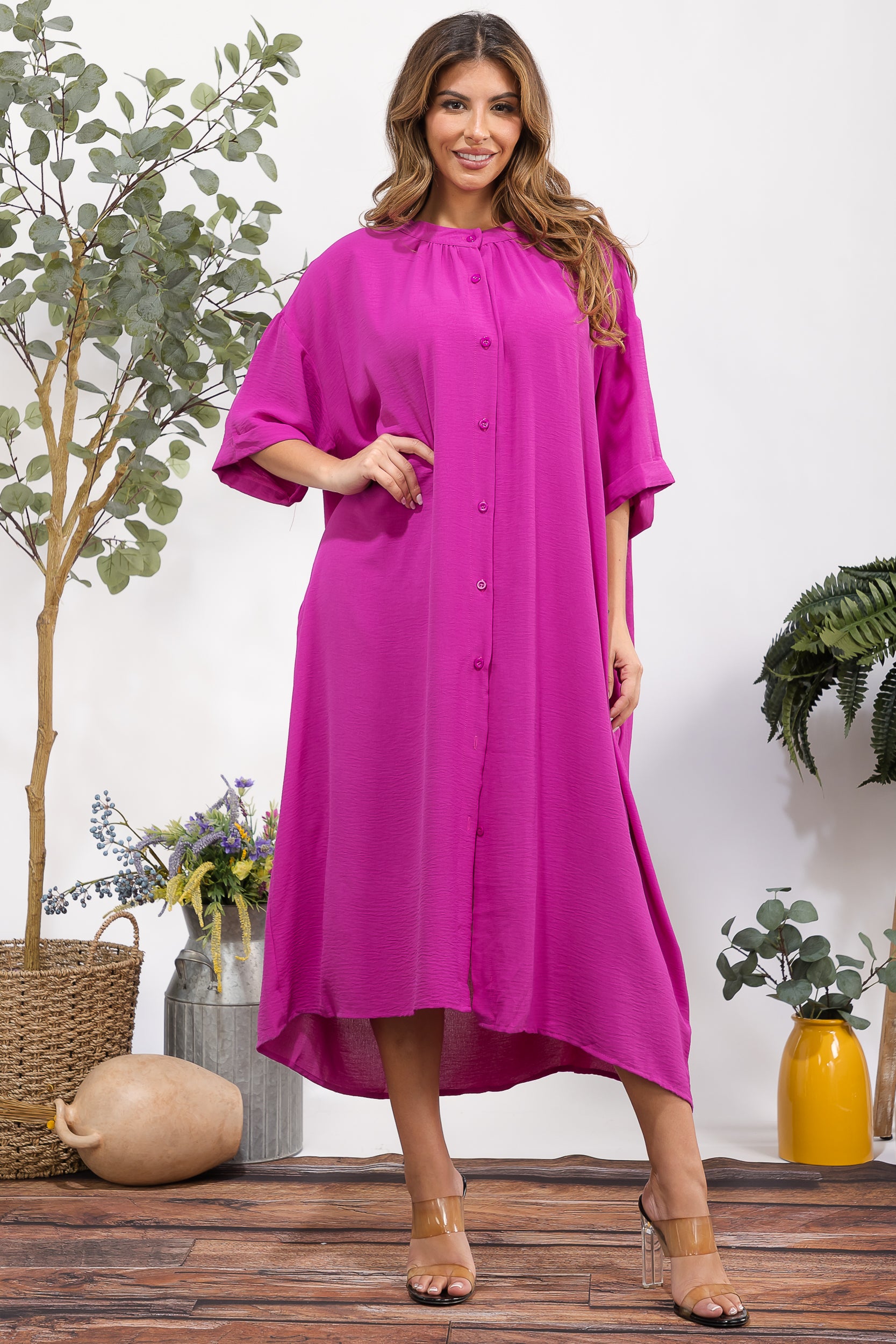 25102 Oversized Button-Down Midi Dress with Pockets