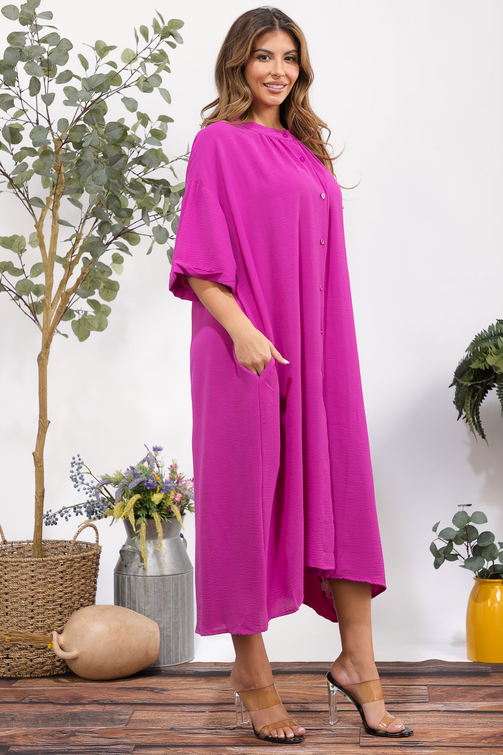25102 Oversized Button-Down Midi Dress with Pockets