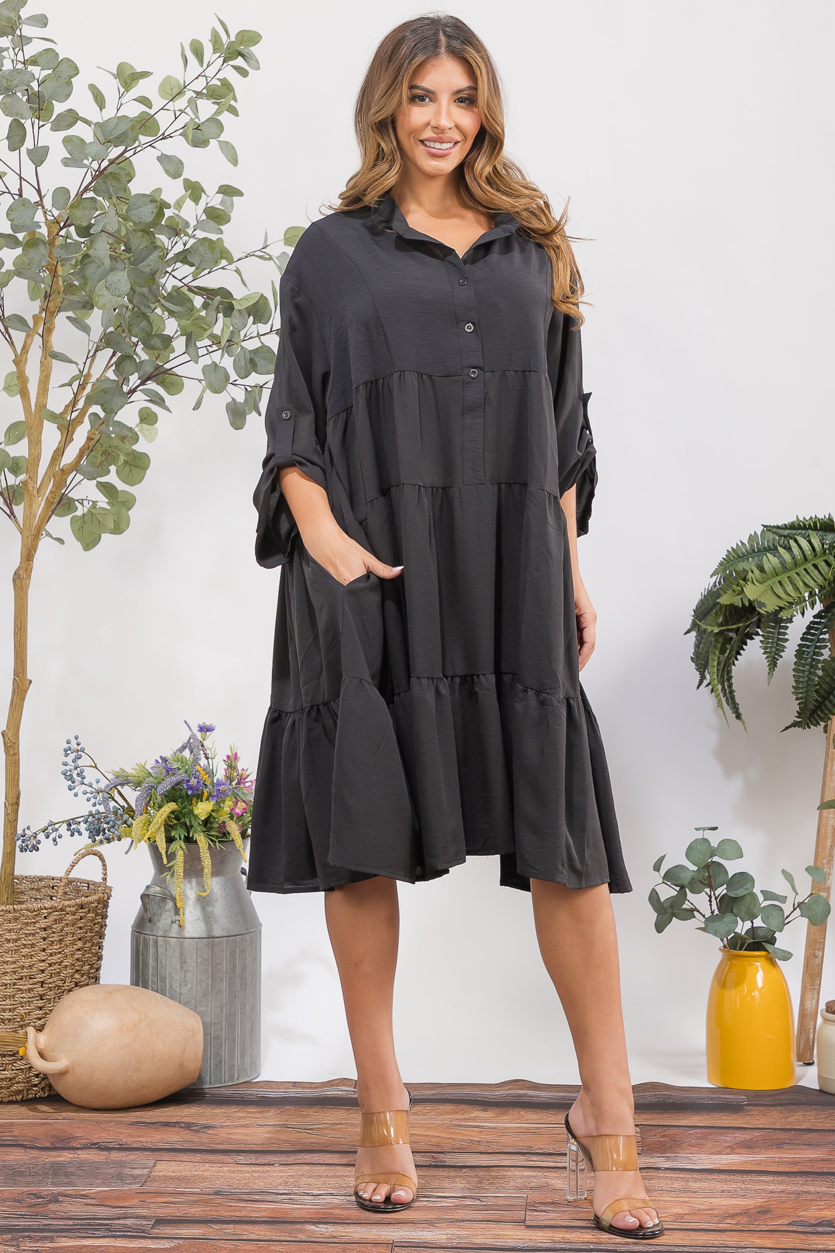 25101 Tiered Oversize Shirt Midi Dress