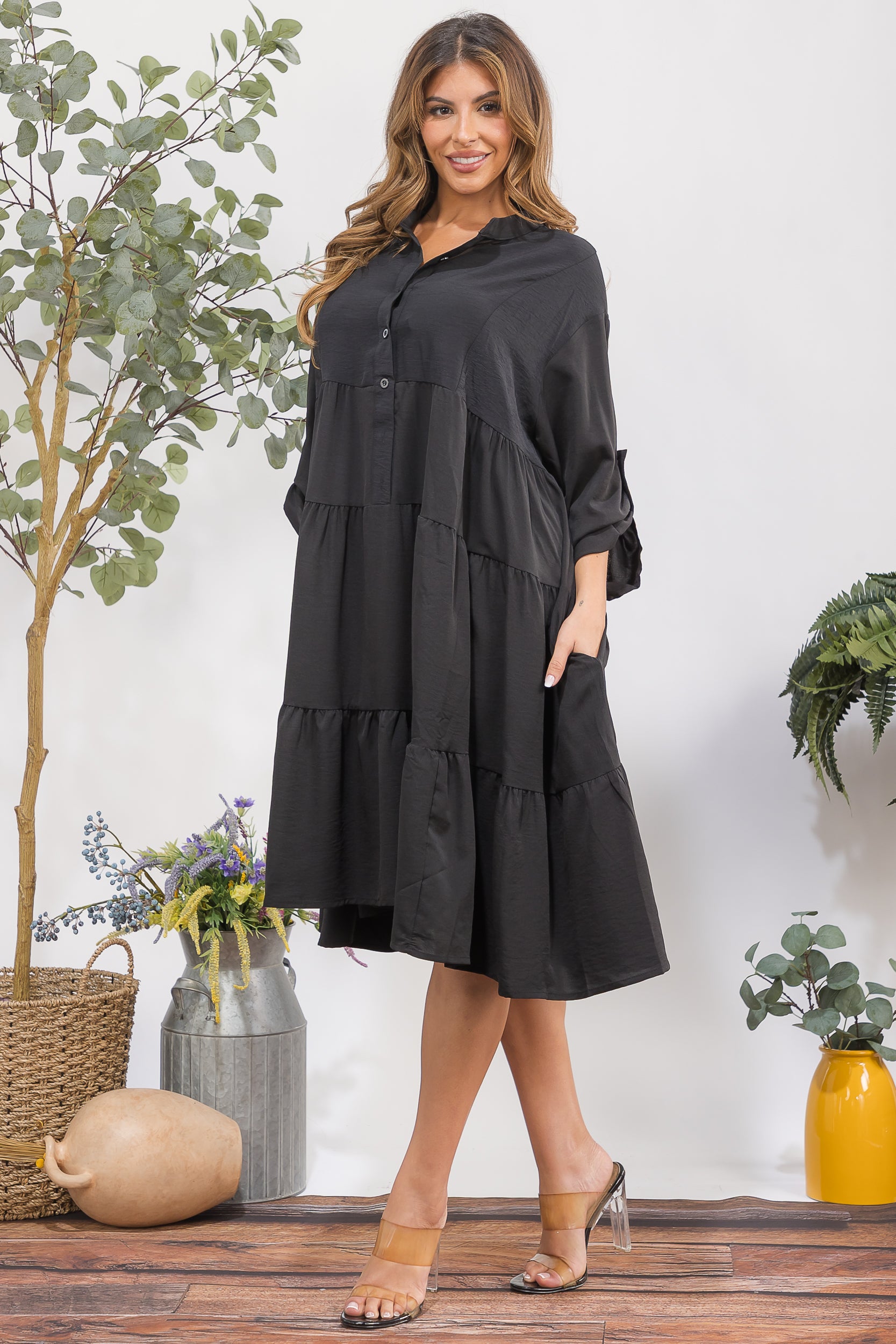 25101 Tiered Oversize Shirt Midi Dress