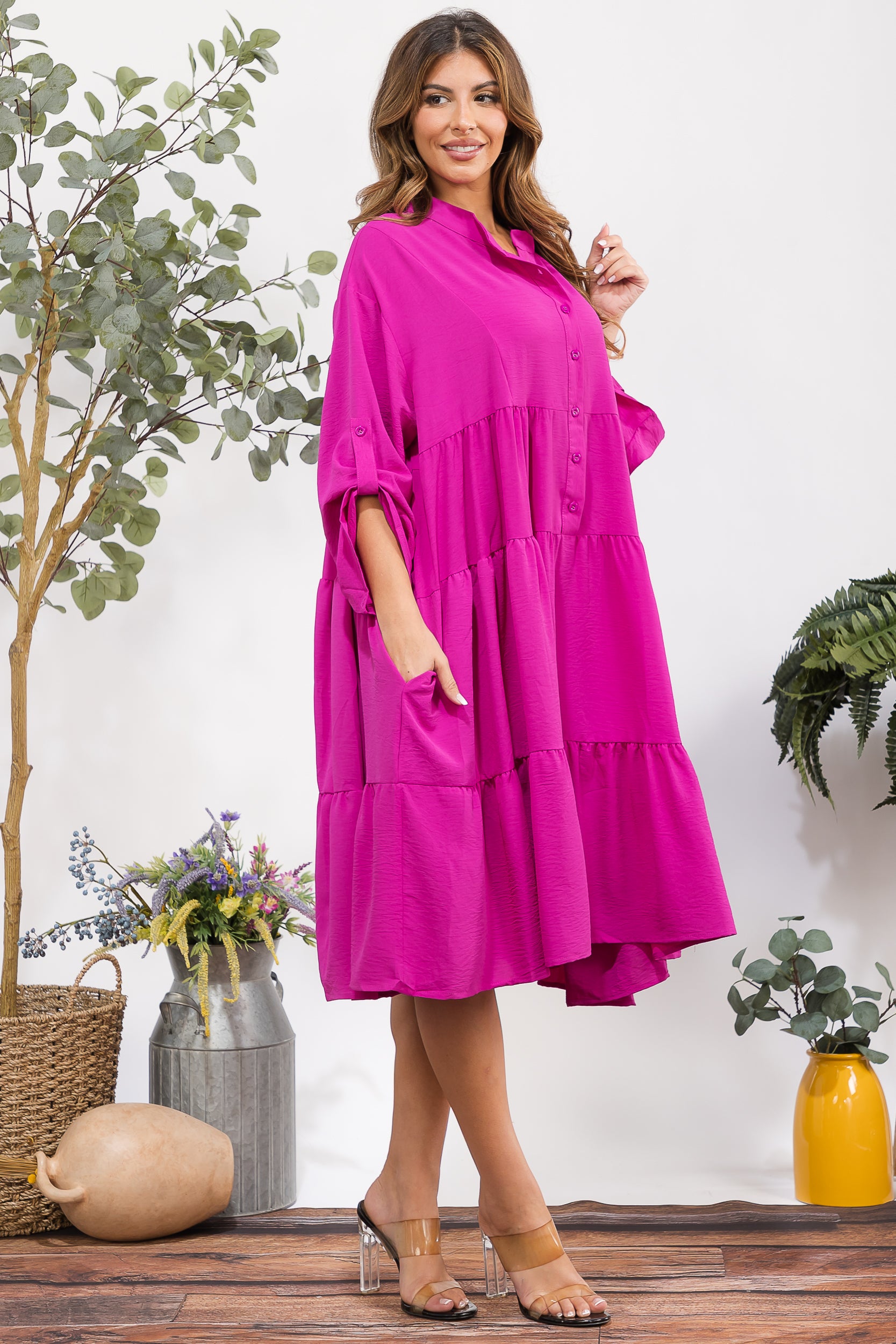 25101 Tiered Oversize Shirt Midi Dress