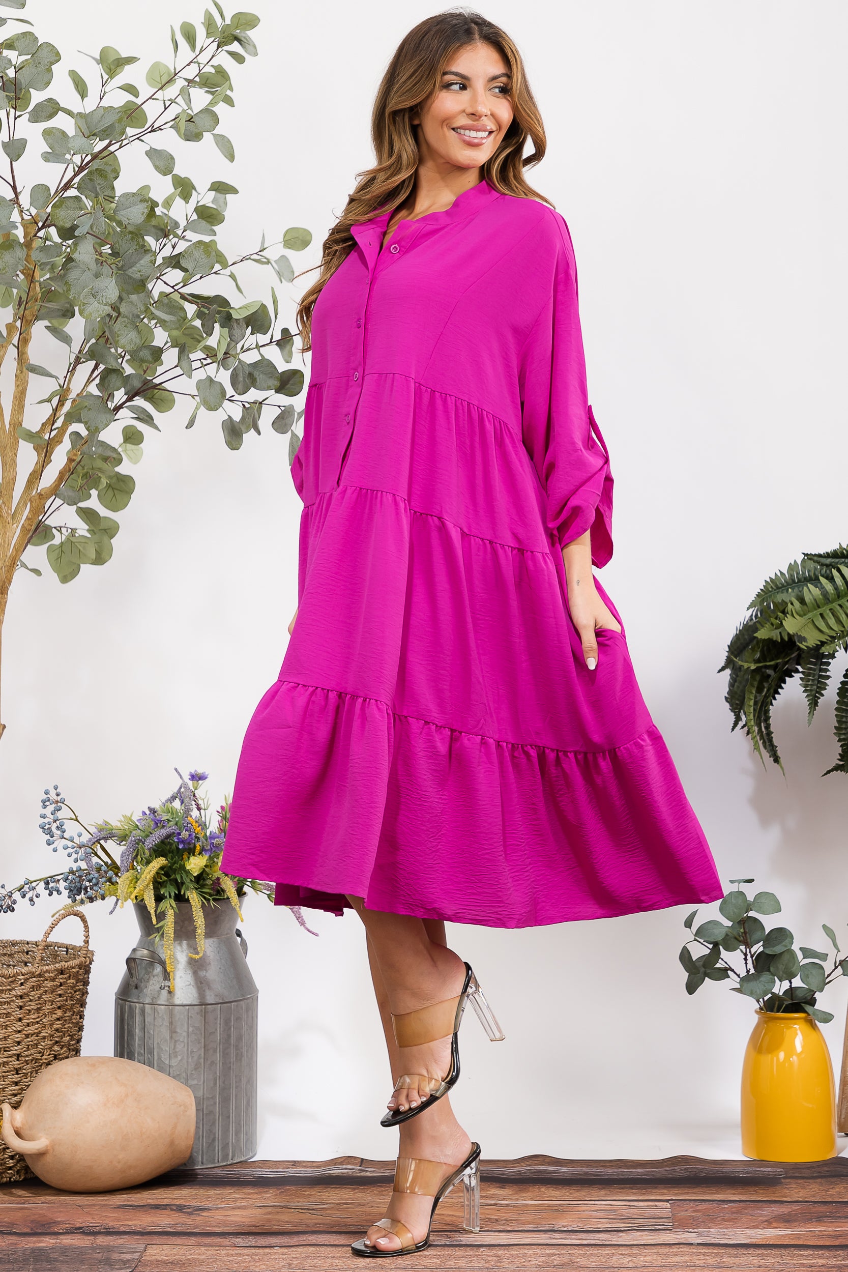 25101 Tiered Oversize Shirt Midi Dress