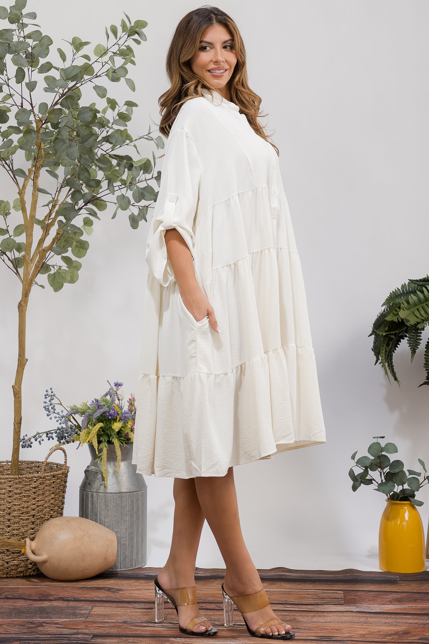 25101 Tiered Oversize Shirt Midi Dress