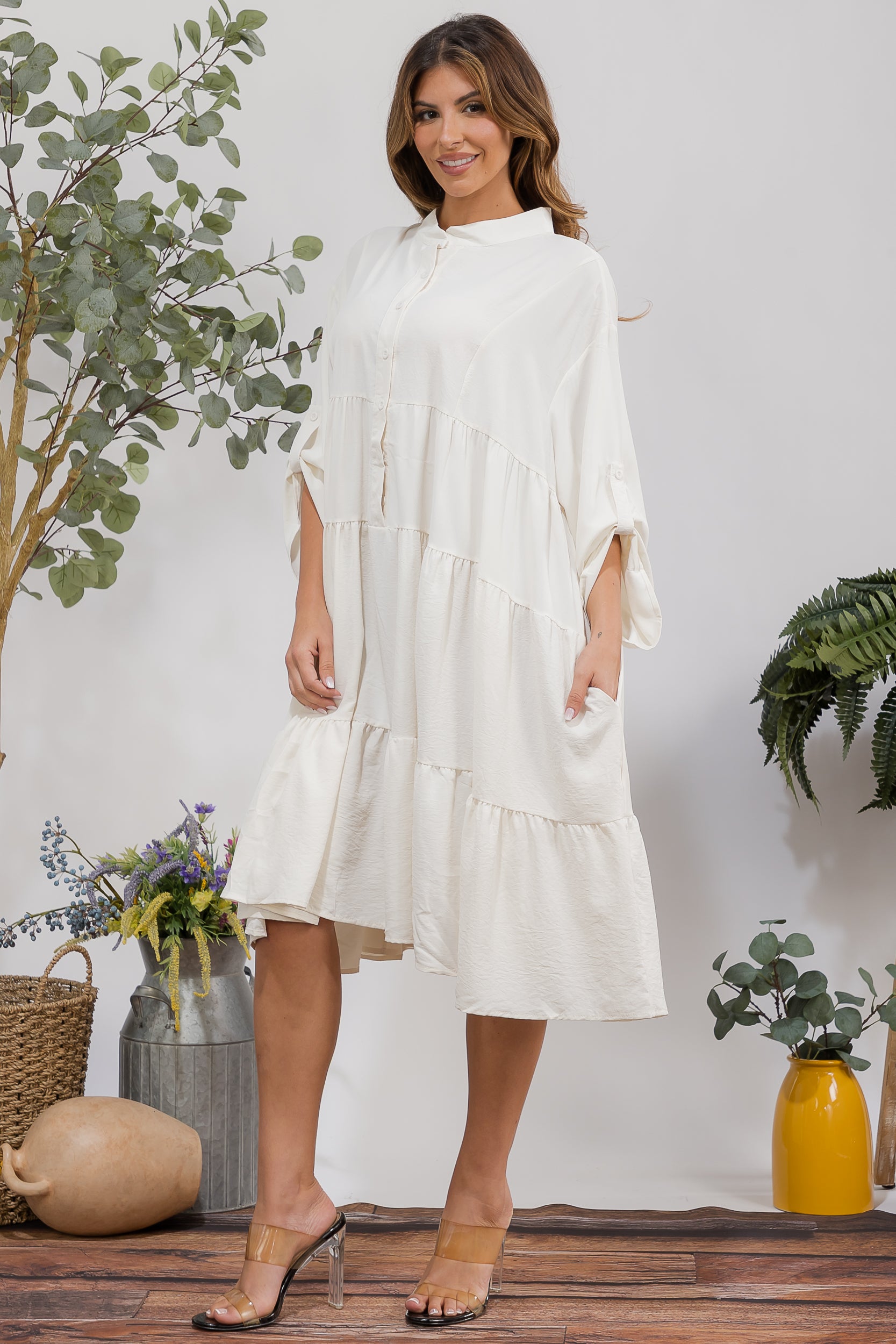 25101 Tiered Oversize Shirt Midi Dress