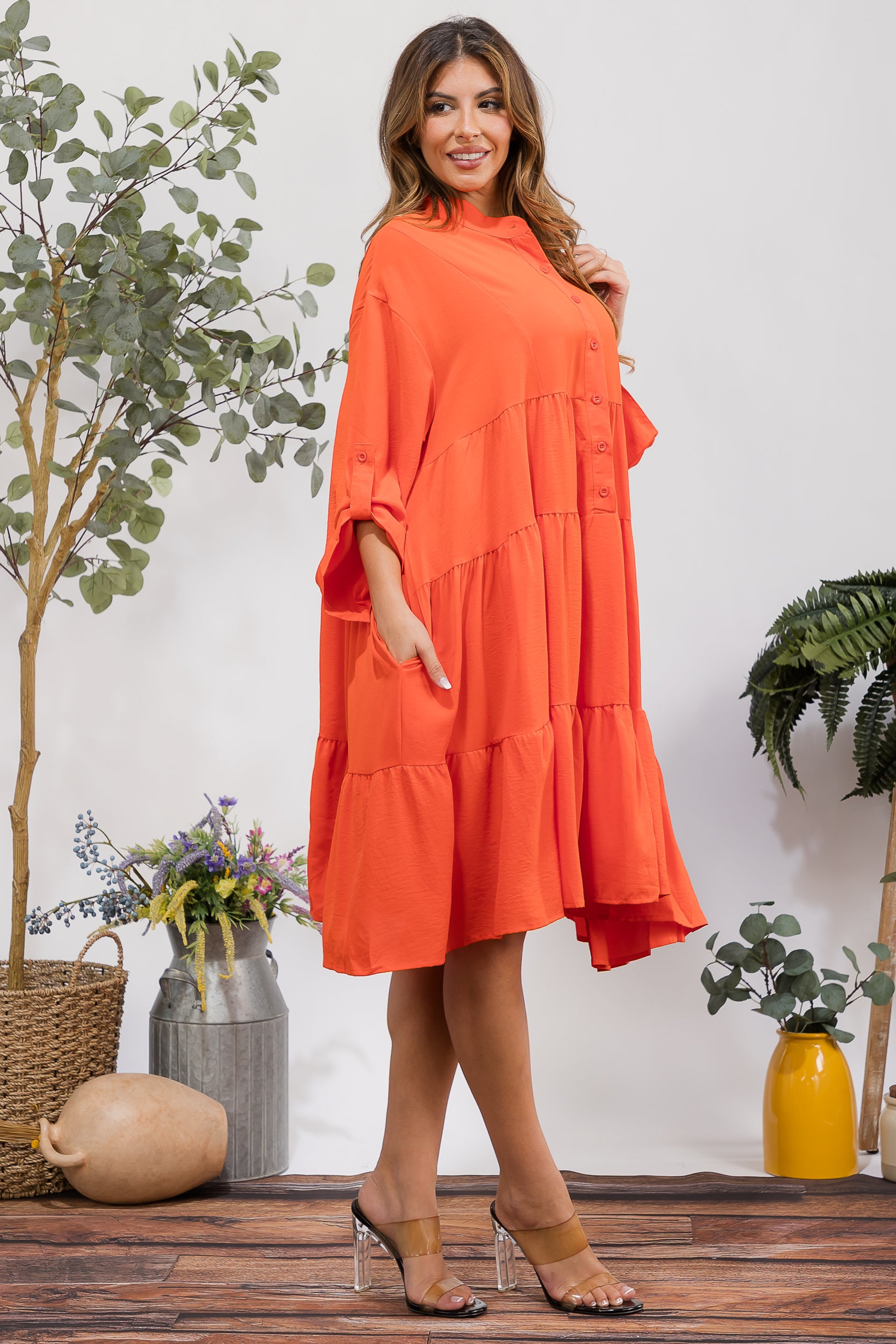 25101 Tiered Oversize Shirt Midi Dress