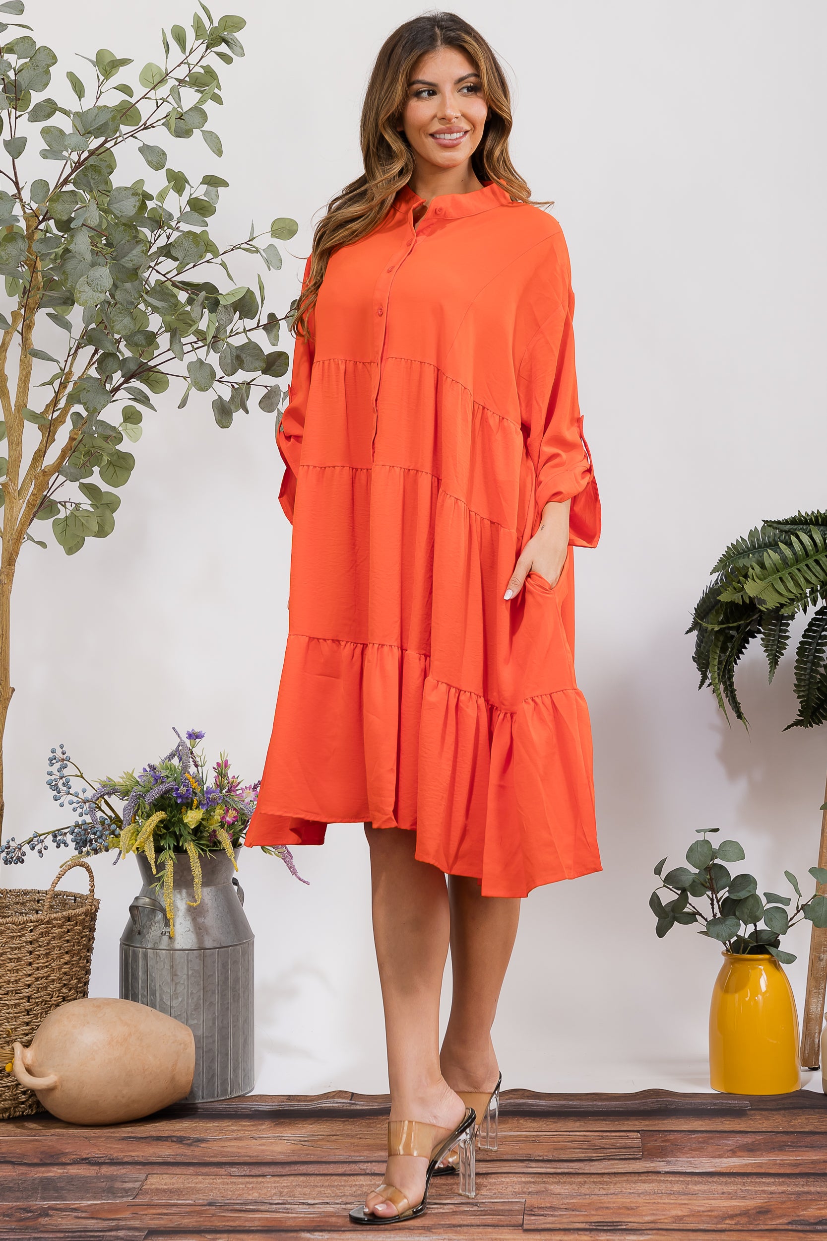 25101 Tiered Oversize Shirt Midi Dress