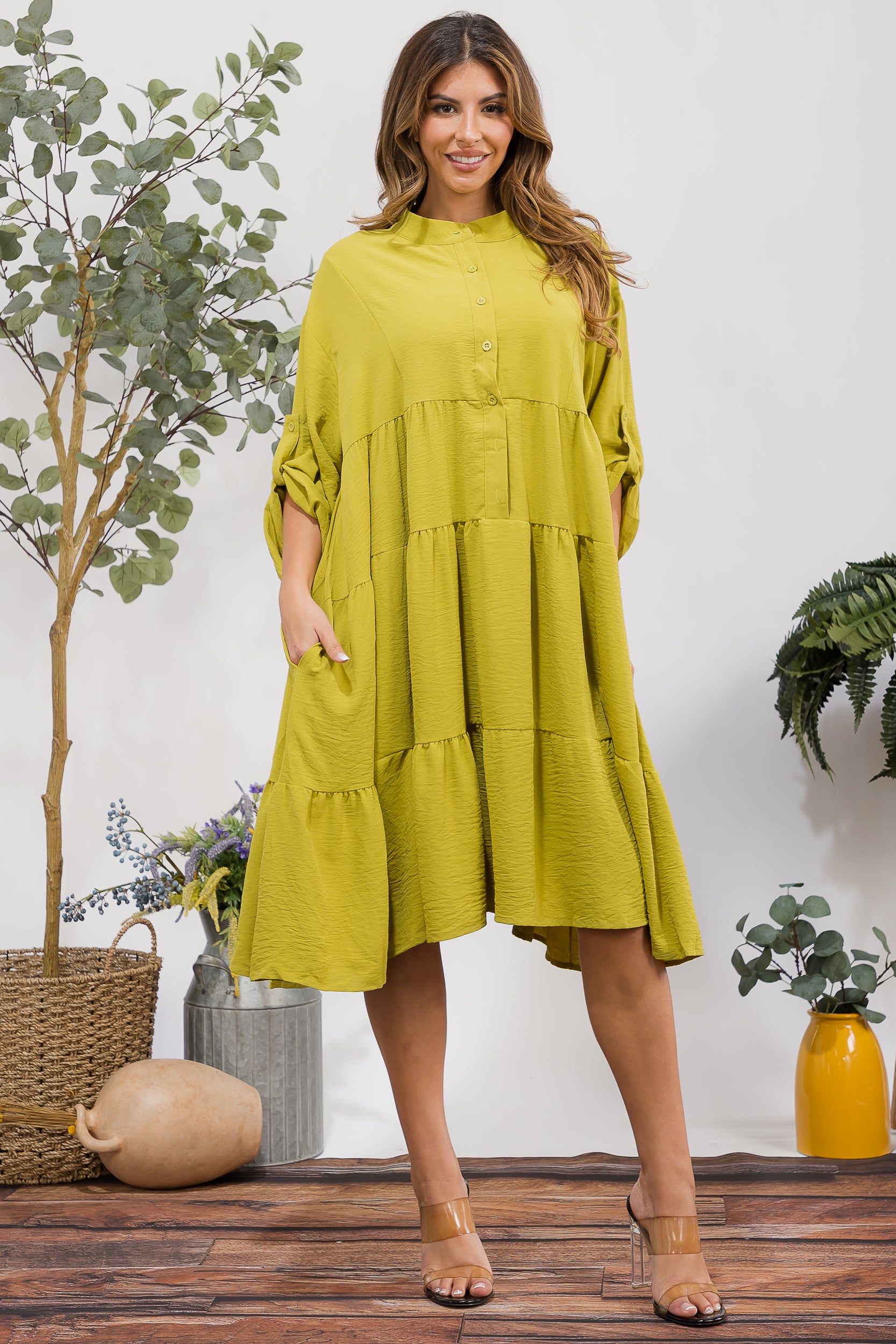 25101 Tiered Oversize Shirt Midi Dress