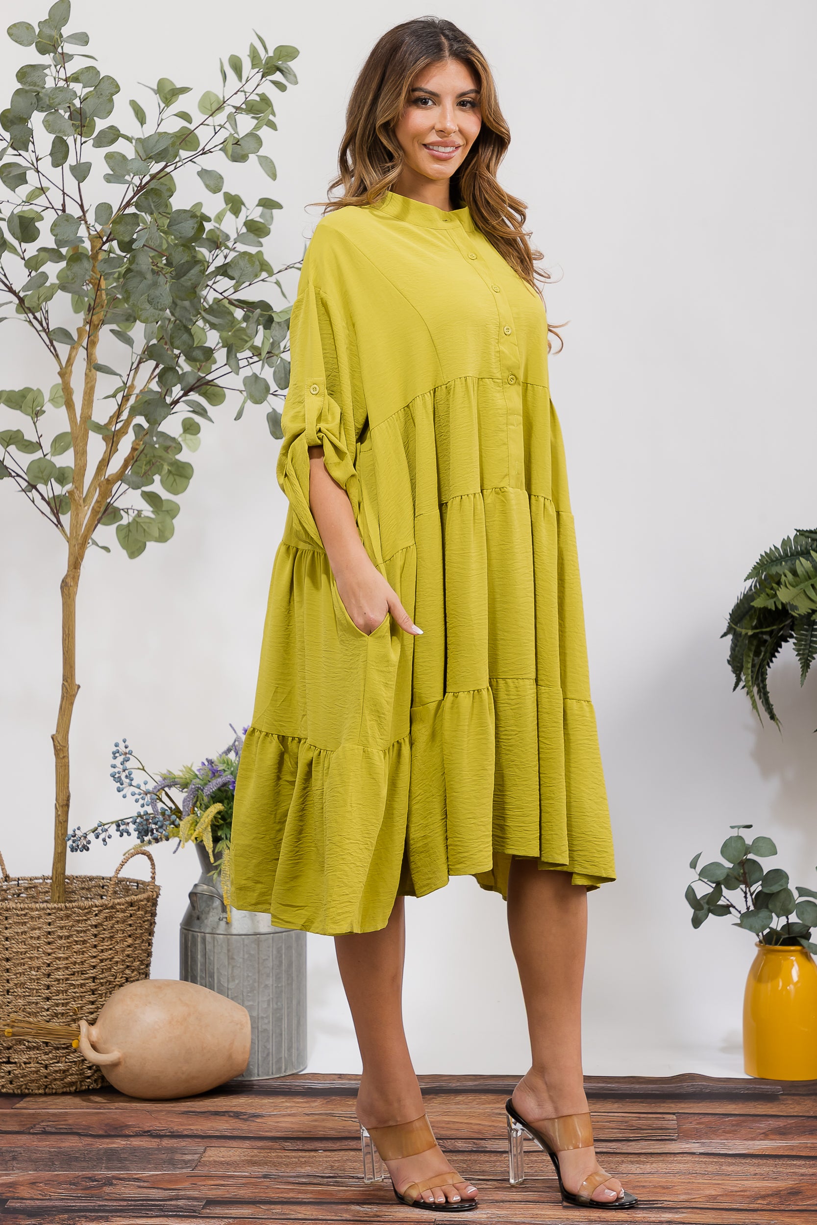 25101 Tiered Oversize Shirt Midi Dress