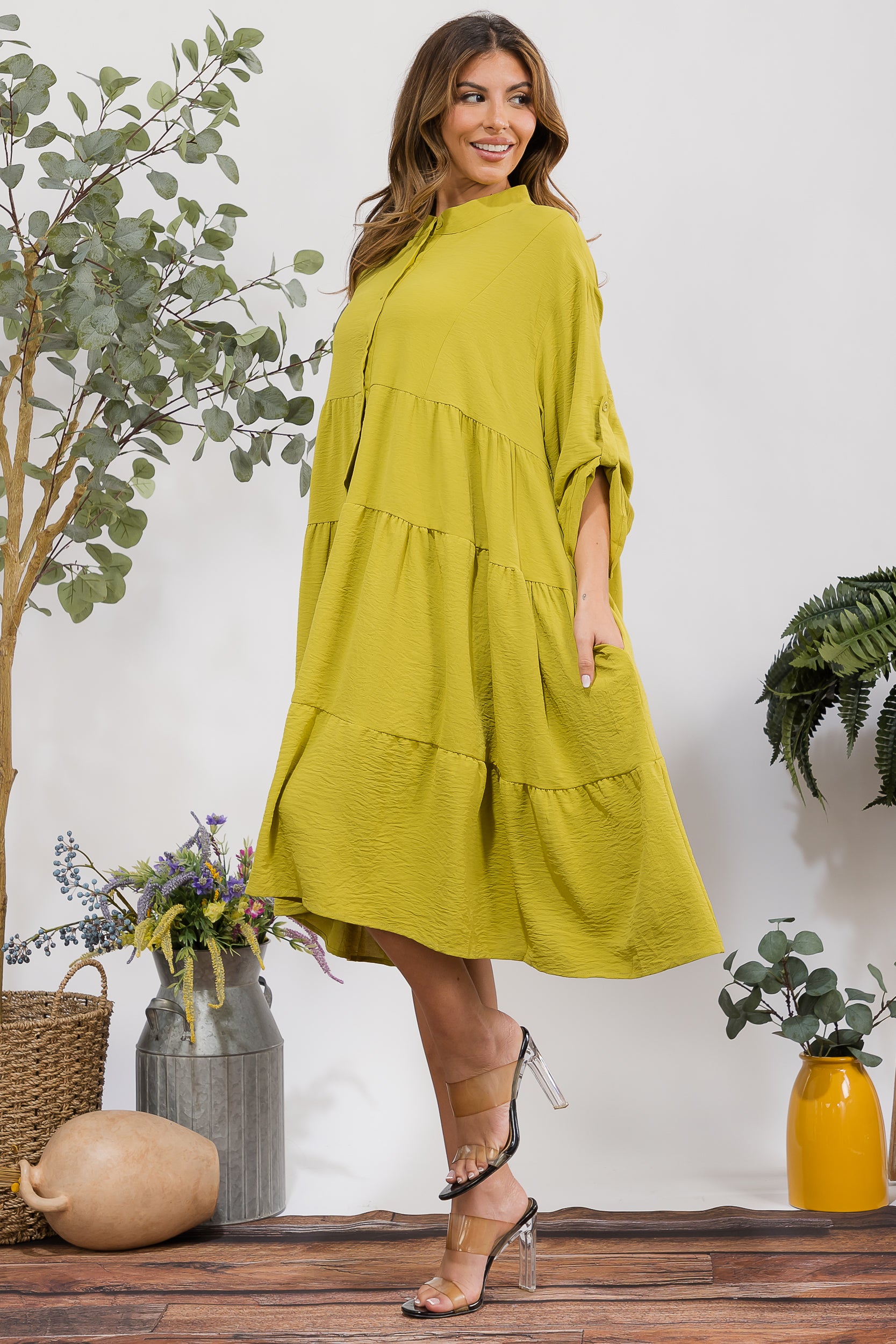 25101 Tiered Oversize Shirt Midi Dress
