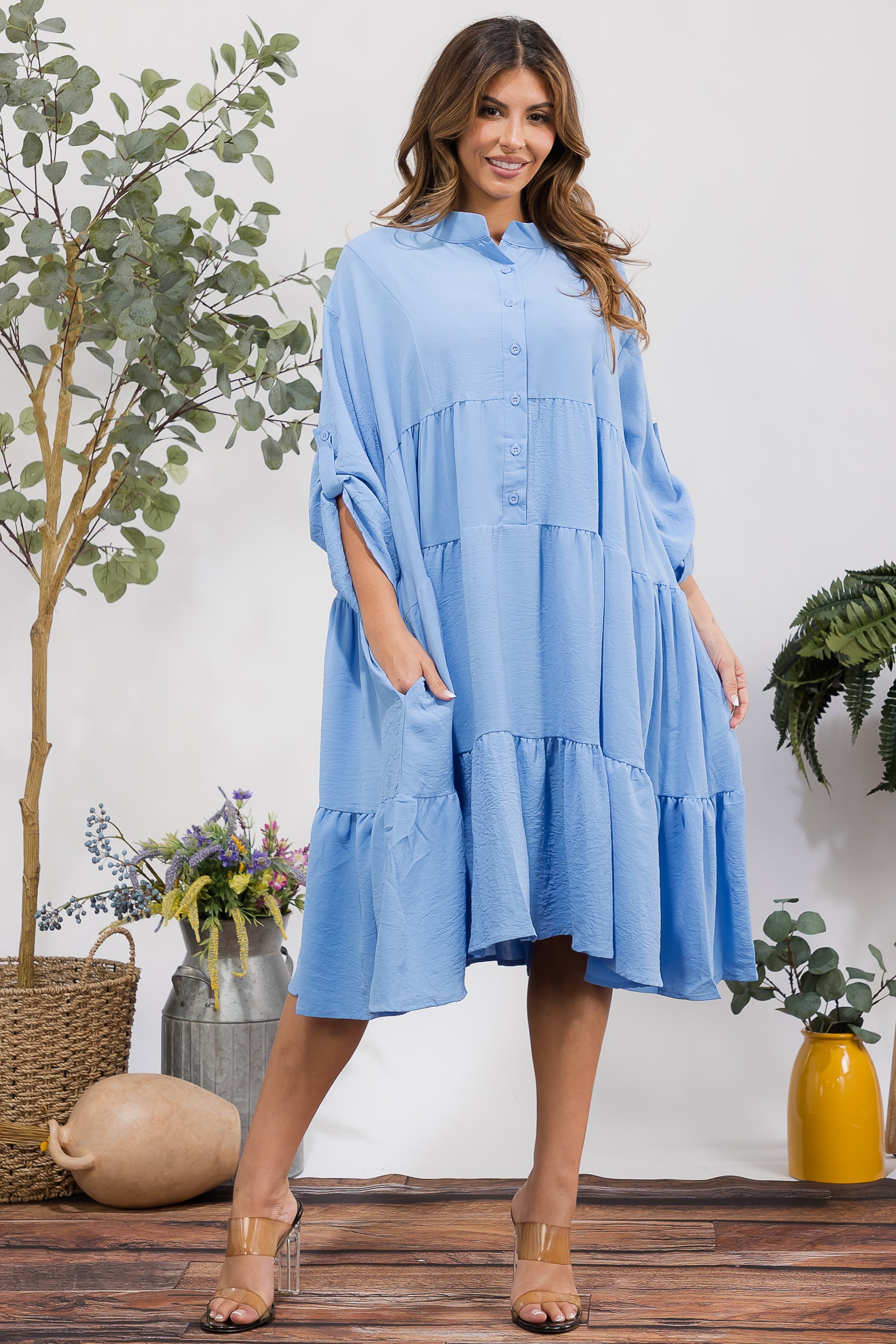 25101 Tiered Oversize Shirt Midi Dress