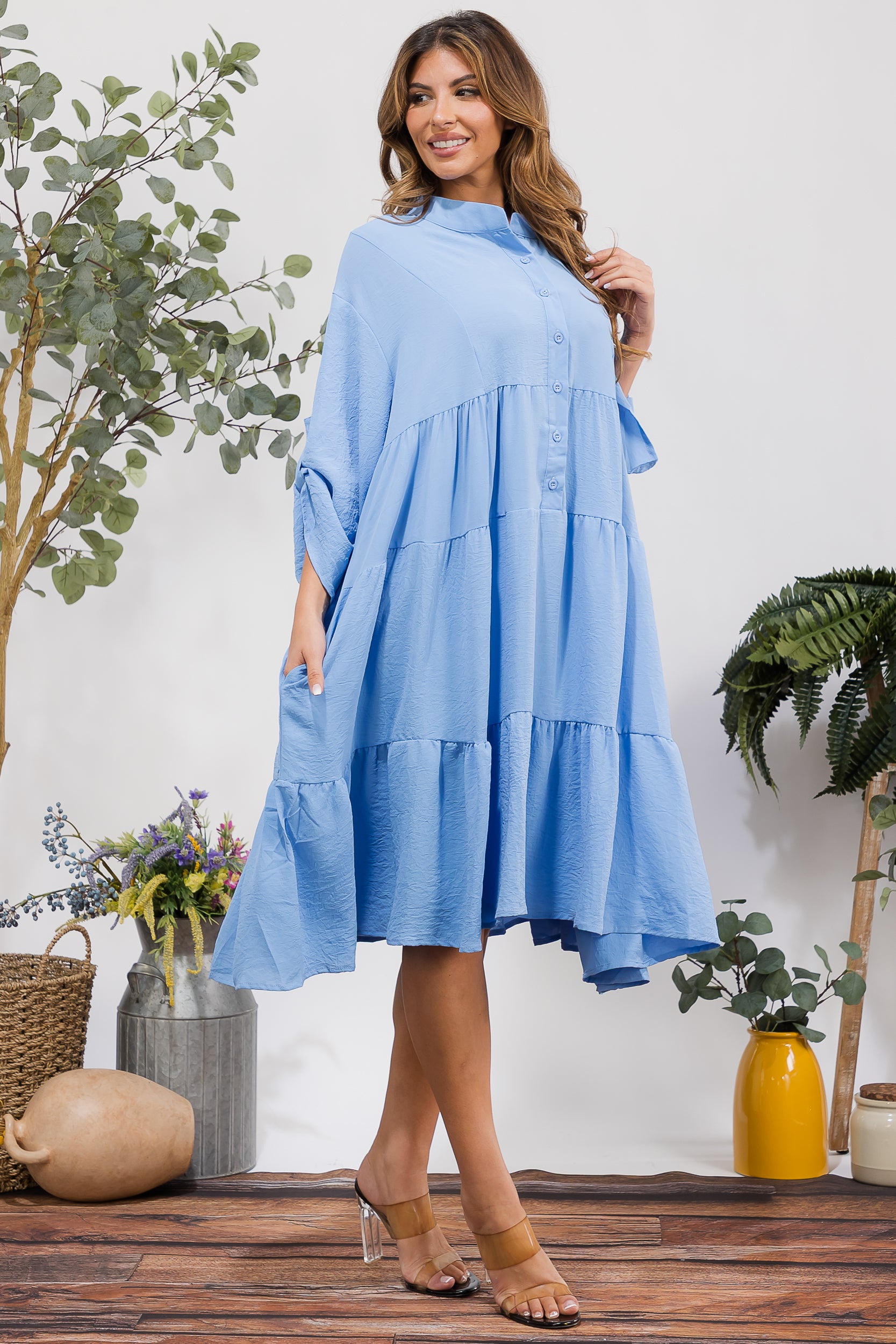 25101 Tiered Oversize Shirt Midi Dress