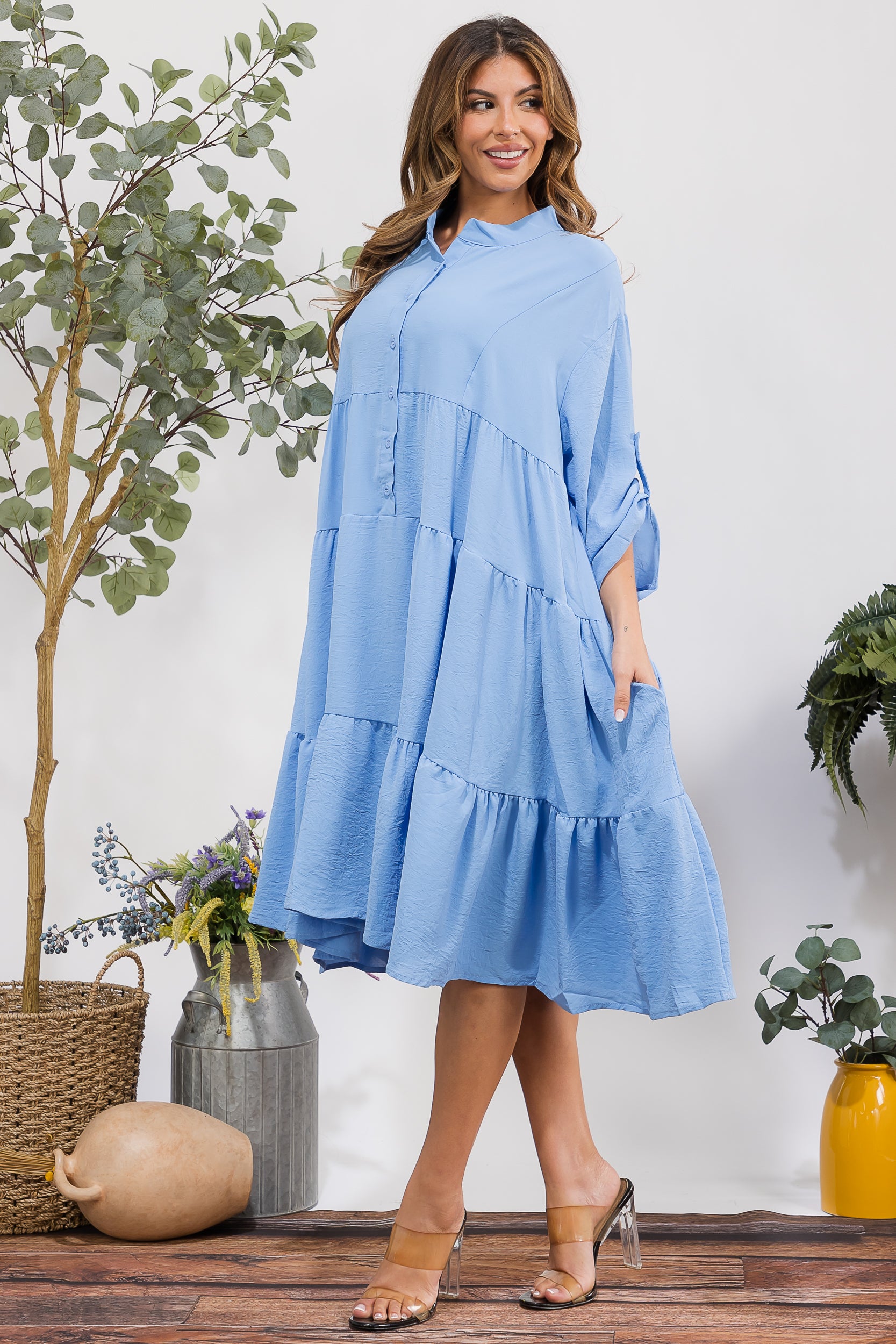 25101 Tiered Oversize Shirt Midi Dress