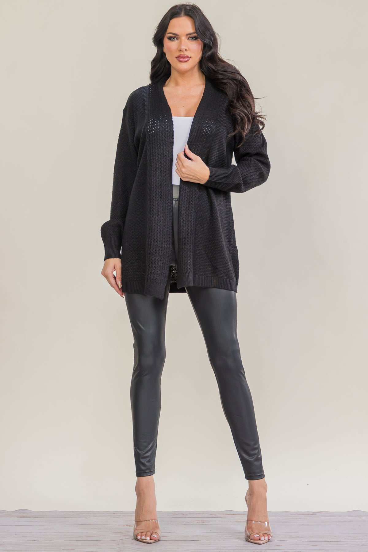 FM-109 - Textured Open Front Long Knit Cardigan