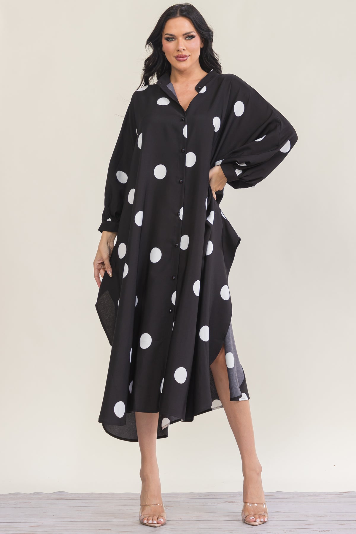 RHD130R-P - Polka Dot Oversized Button-Down Maxi Dress