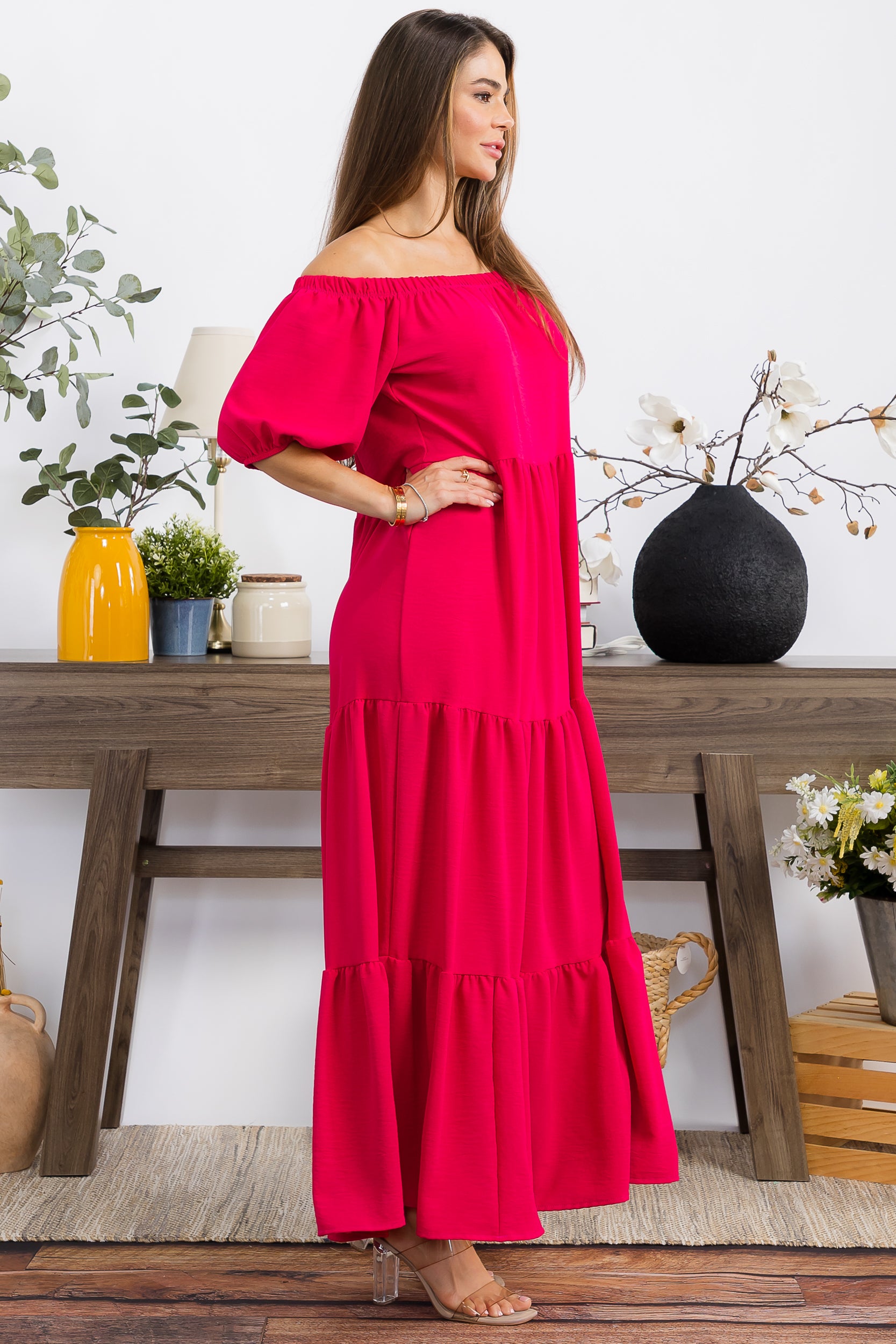 HH722R-S1 OFF SHOULDER TIERED MAXI DRESS