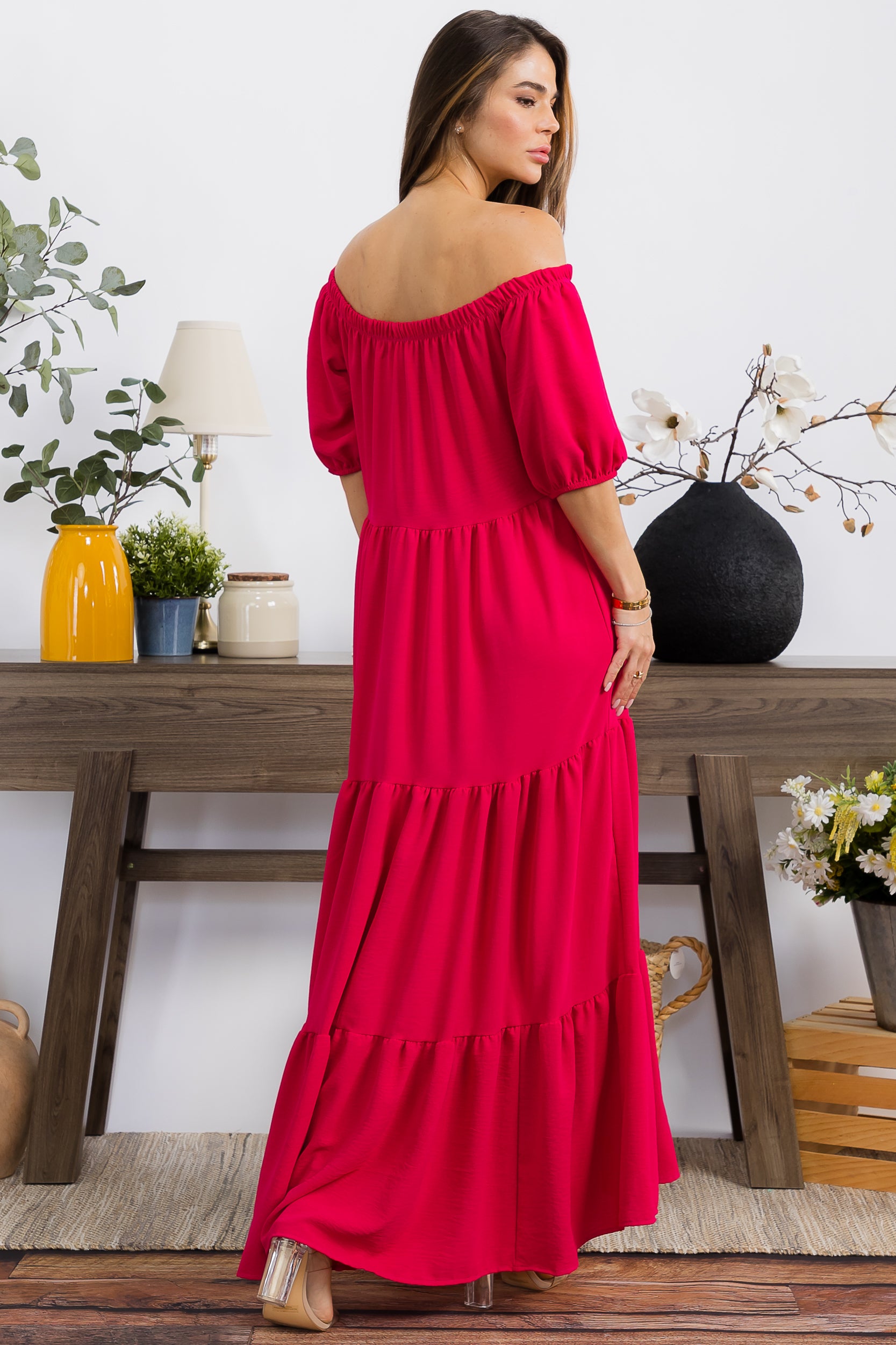 HH722R-S1 OFF SHOULDER TIERED MAXI DRESS