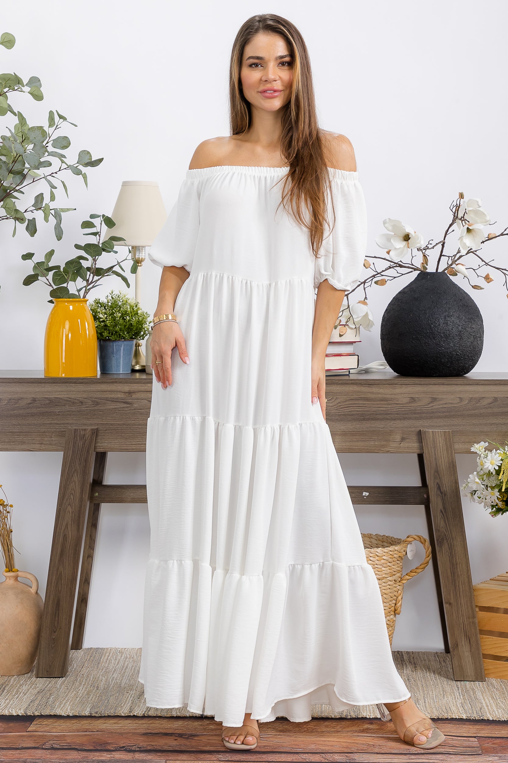 HH722R-S1 OFF SHOULDER TIERED MAXI DRESS