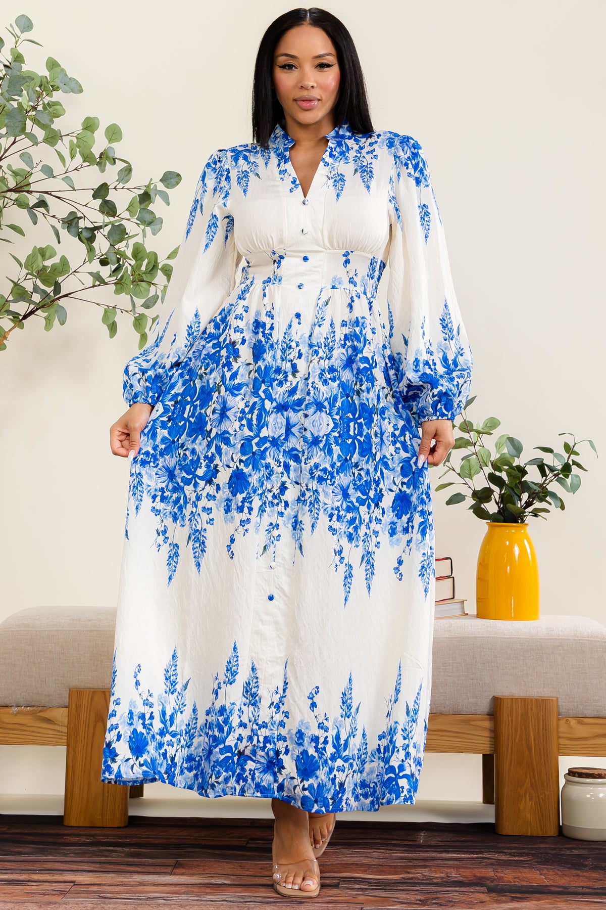 MD318-R - Floral Button-Front Maxi Dress