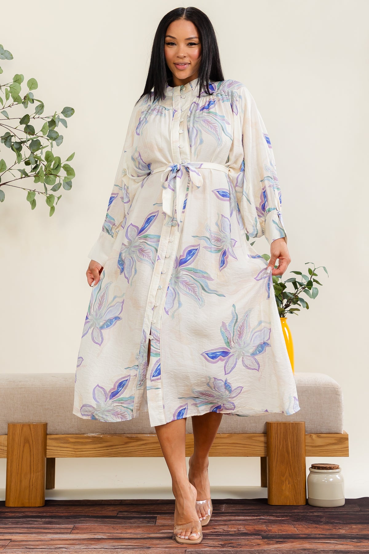 MD316-R - Floral Belted Button-Front Midi Dress